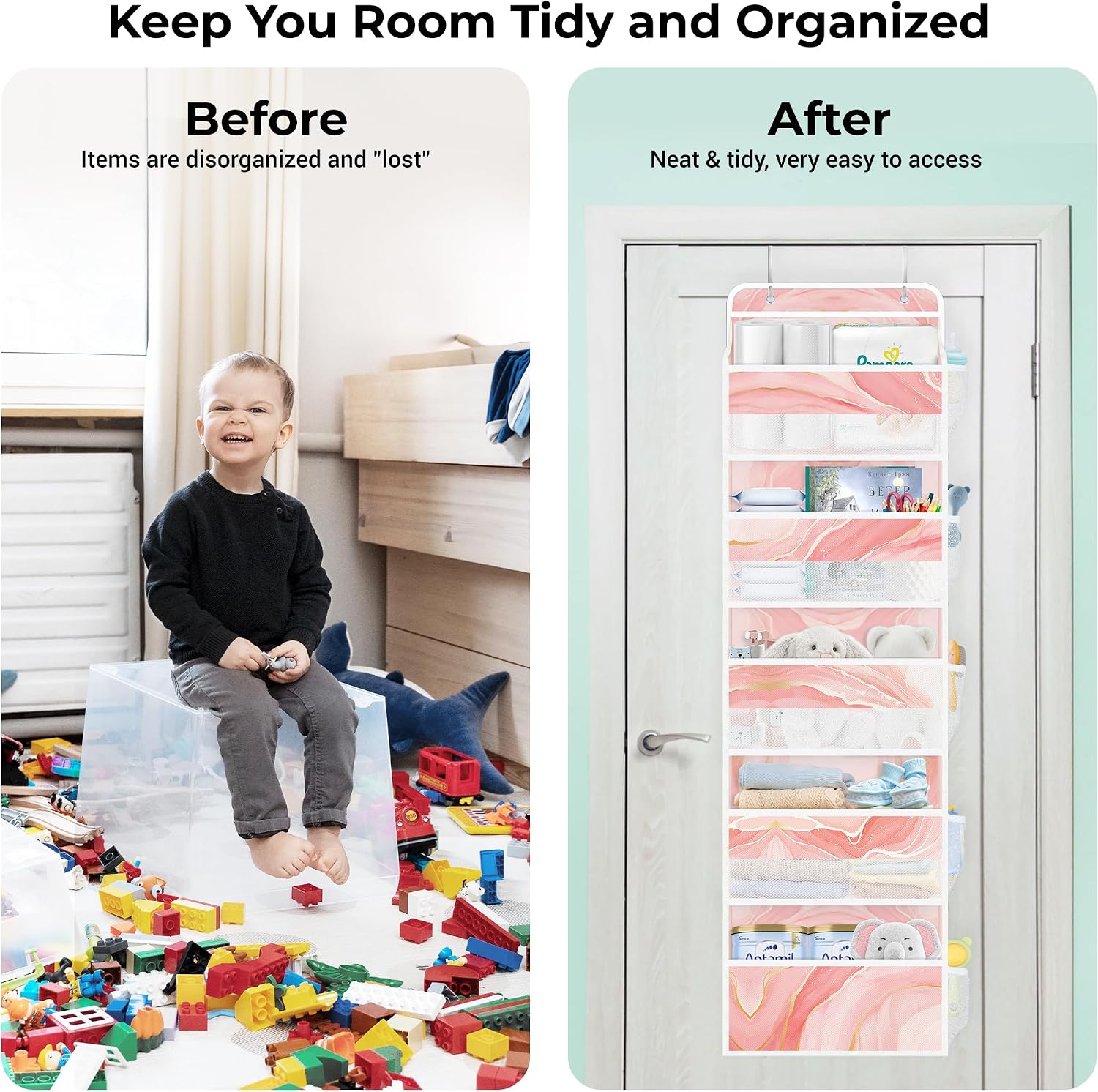 Clastyle Pink Marble Over the Door Organizer with Clear Window Mesh Pocket 44 lbs Weight Capacity Nursery Hanging Shelf for Diaper Toy Closet Door Storage for Bedroom Bathroom Pantry