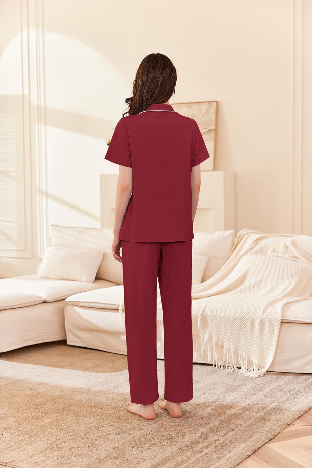 Ekouaer Women's 100% Cotton Pajamas Set Short Sleeve Button Down Pjs 2 Piece Soft Sleepwear with Long Pants Lounge Set Wine Red Medium - Image 2
