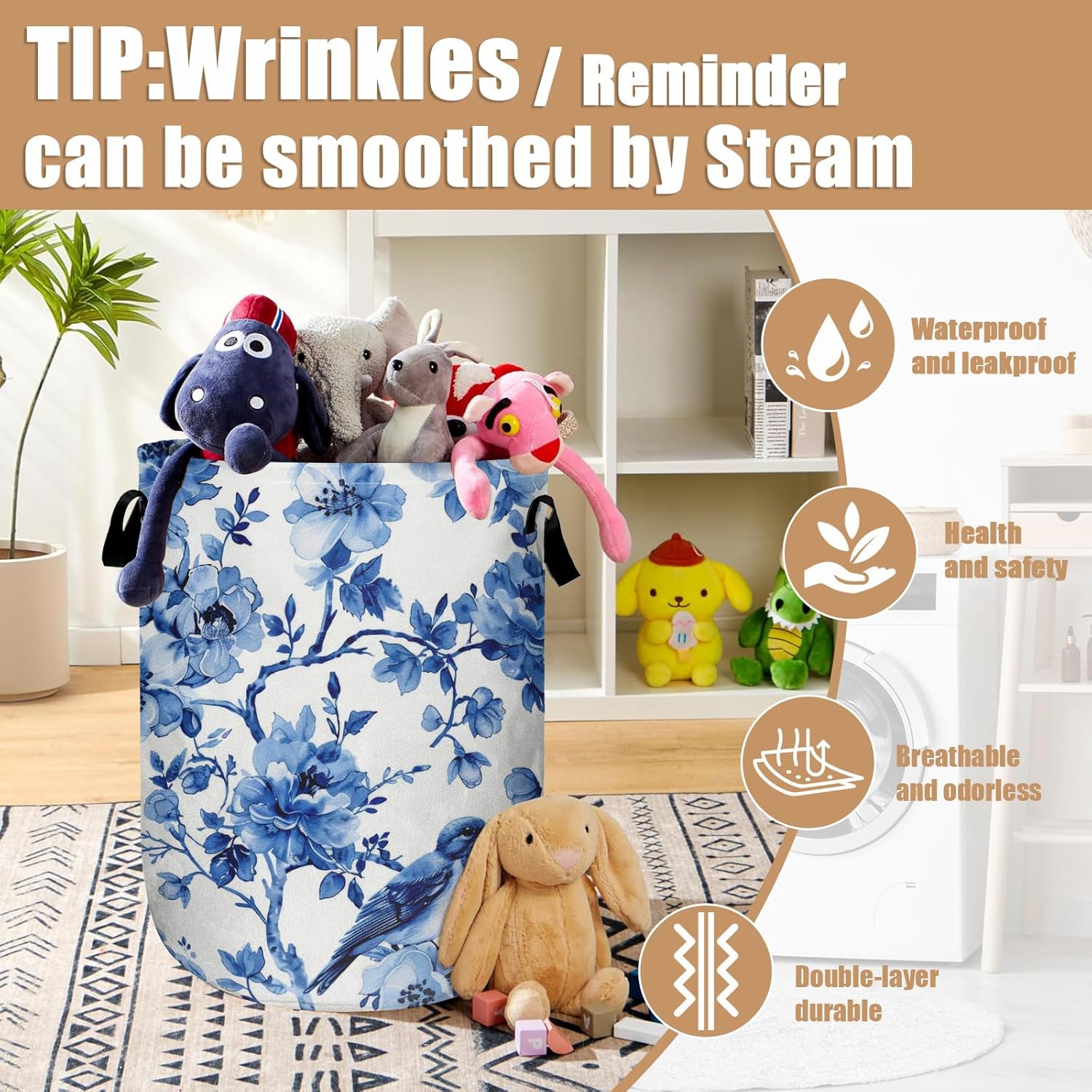 Blue Flower Bird Laundry Basket, Foldable Waterproof Laundry Hamper Tote Bag Dirty Clothes Storage Bucket Toy Organizer for Bathroom/Laundry/Bedroom 15.7"x19.6"