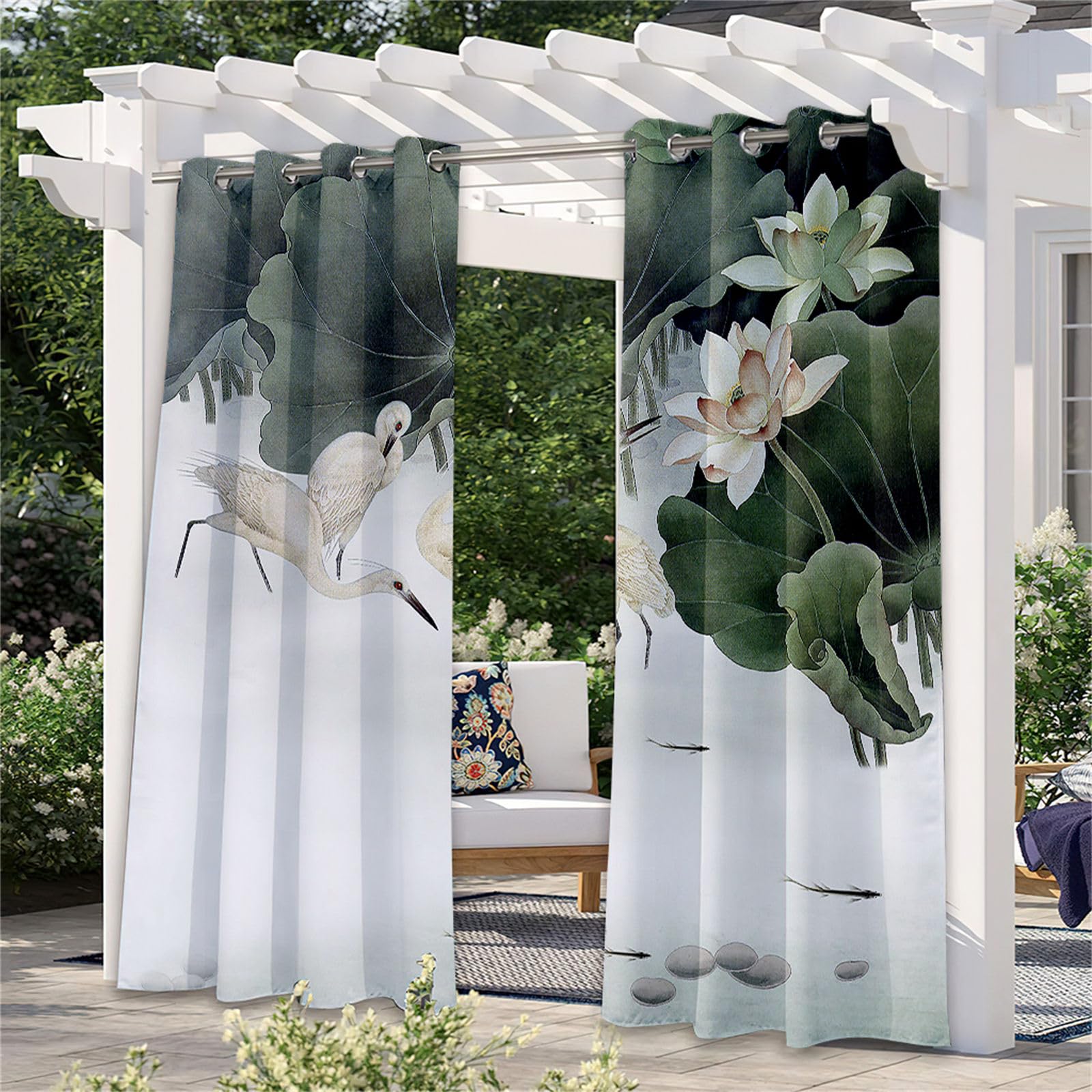 Hiseng Rideaux Extérieur Imperméable, Motif Fleur de Lotus 3D Rideau Occultant Isolant Thermique 2 Pieces Rideau d'Extérieur pour Pergola Terrasse avec Oeillet (137x274cm,Grue Blanche)