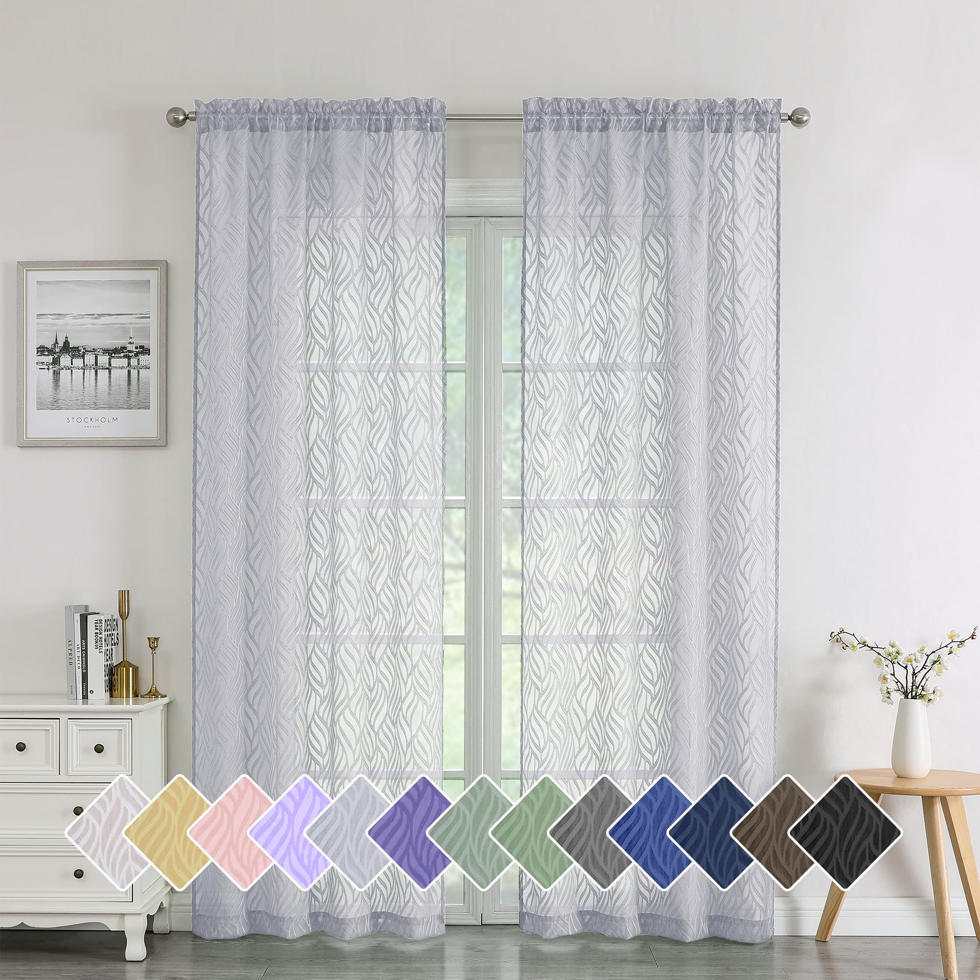 Chyhomenyc Marilyn Light Grey Sheer Curtains 84 Inch Length 2 Panels, Light Filtering Airy 3D Leaf Clip Jacquard Textured Curtain Drapes for Bedroom Living Room Window, 38Wx84L Inches
