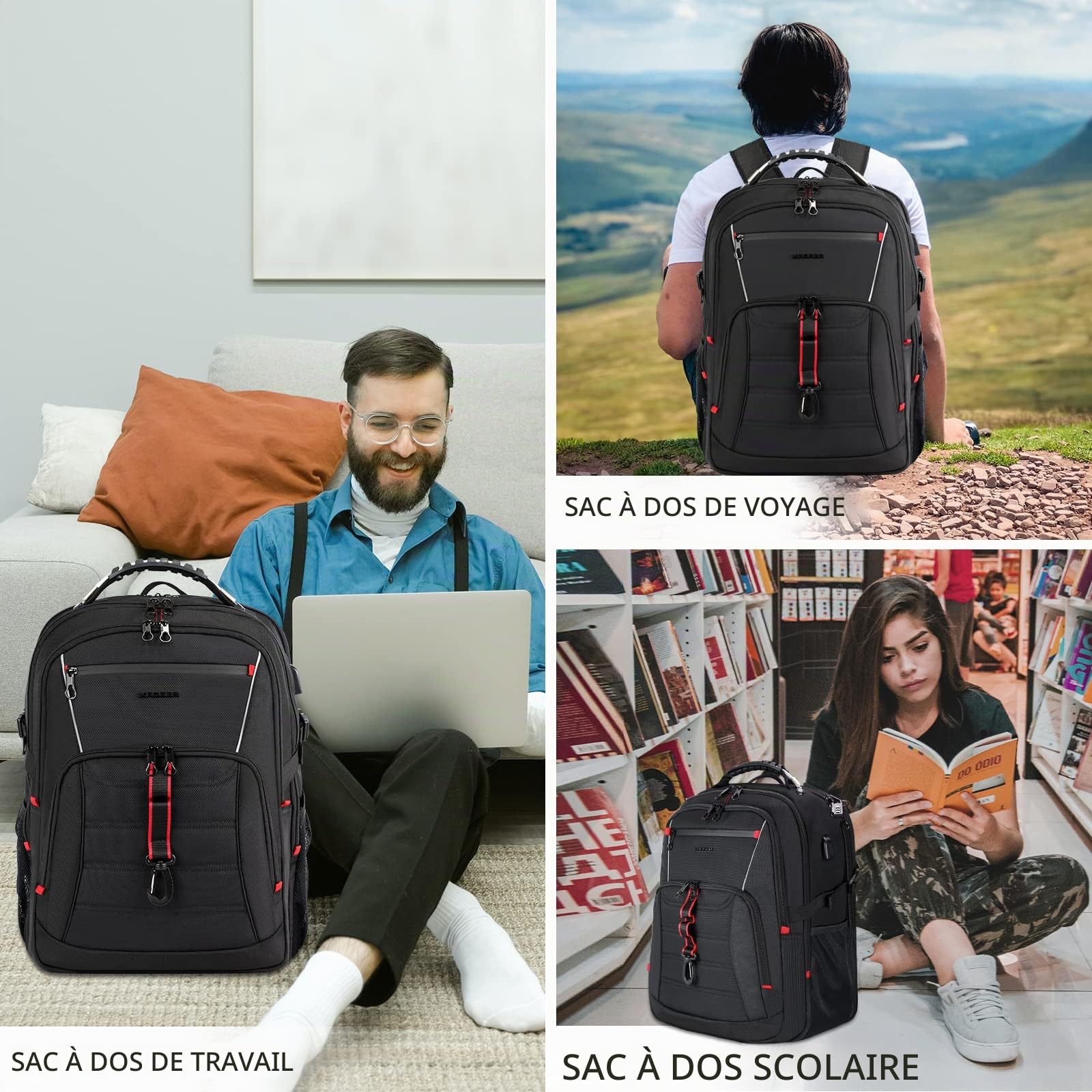 KROSER Grand Sac à dos Homme, 18,4" XXXL, Sac à Dos Ordinateur Portable, avec Poches RFID Port et Imperméable Portable pour/Voyage/Université/Affaires/Collège/Hommes/Femmes Laptop Backpack