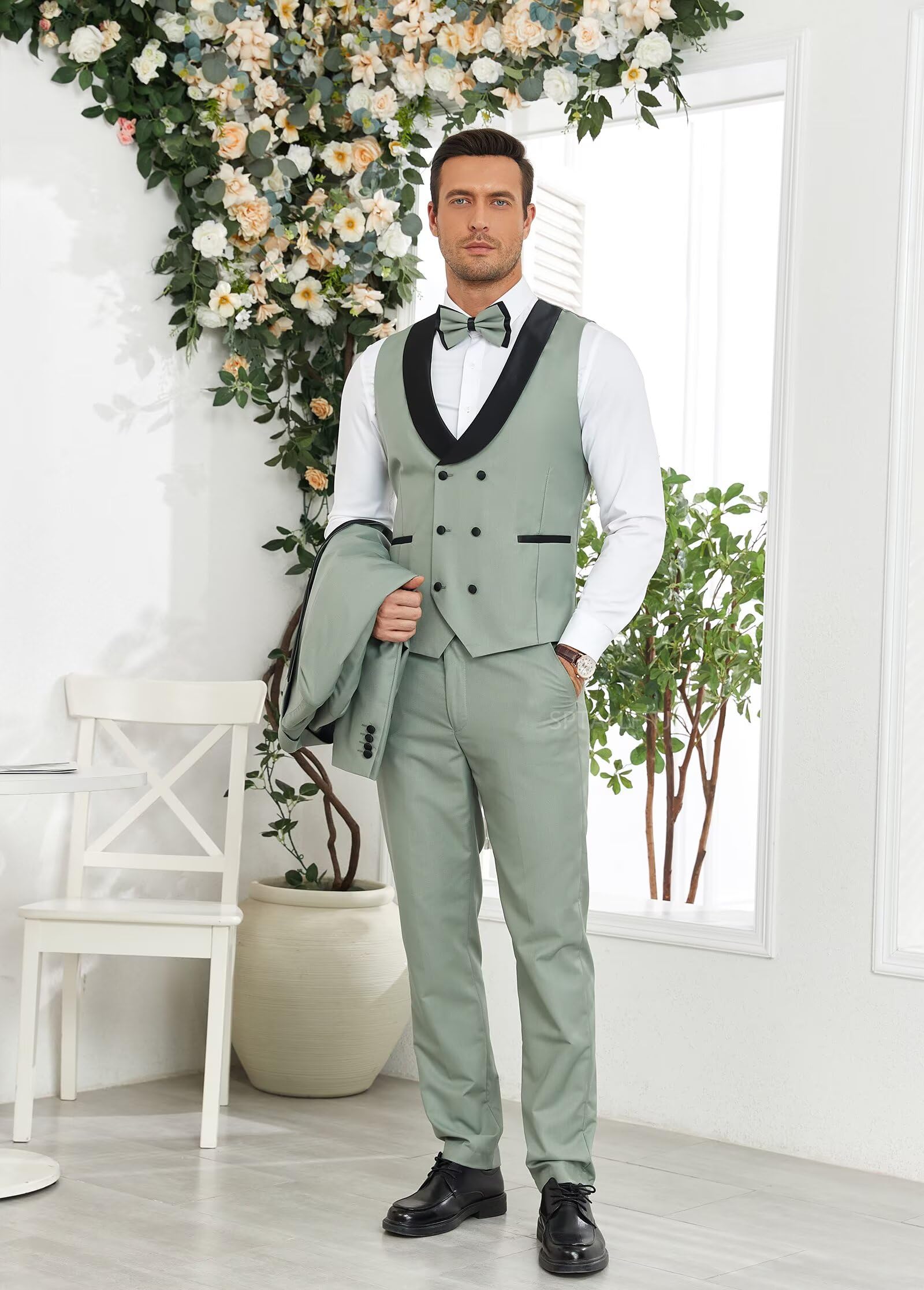 Smoking da uomo in 3 pezzi, vestibilità aderente, per matrimoni, balli, cene, doppiopetto, con papillon