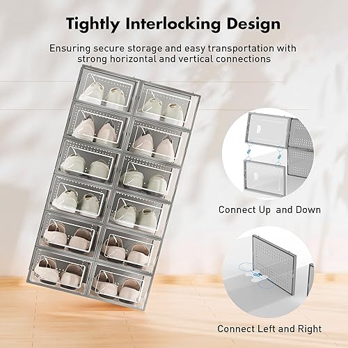 Miniatura 3 de Caja de almacenamiento de zapatos, paquete de 15 organizadores apilables de plástico transparente para armario, contenedores de zapatos de diseño