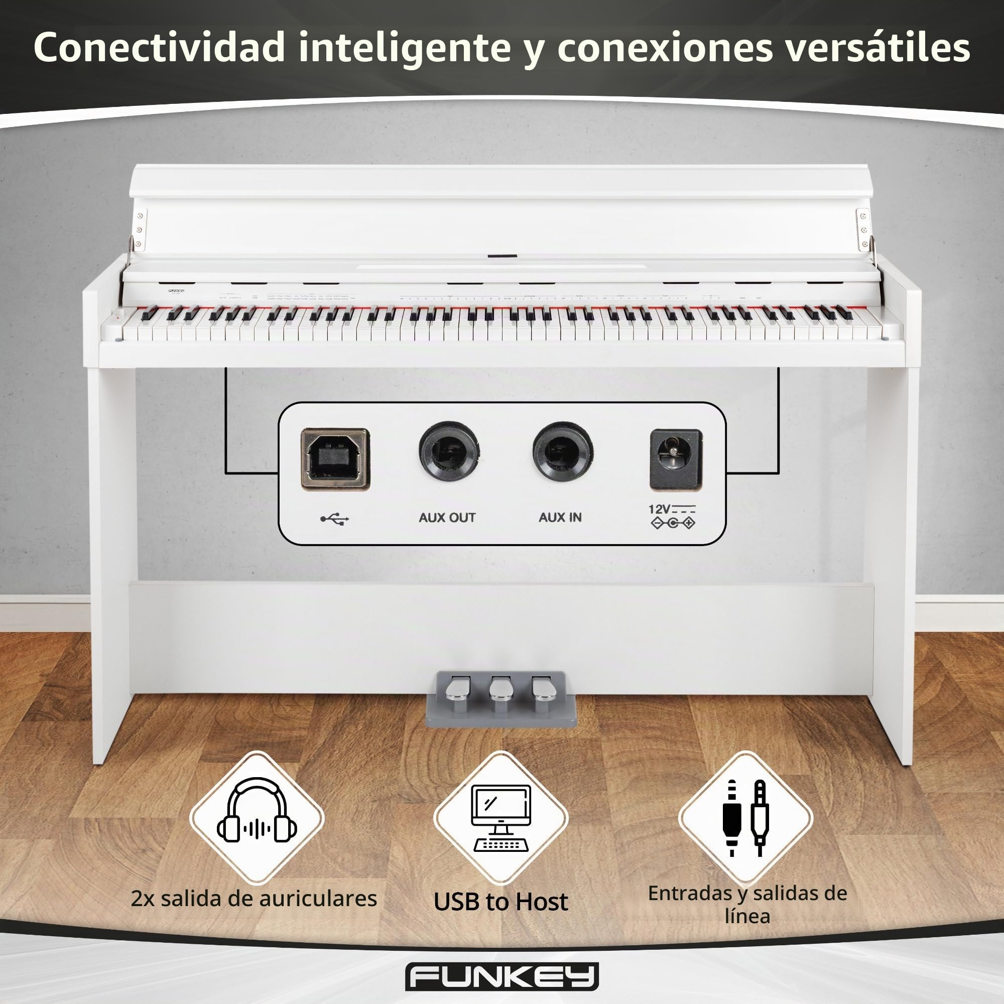 Funkey DP-1088 WM Piano digital set - 88 teclas teclado delgado sensibles al tacto - 20 sonidos, incluida pedalera - Con banco y auriculares - Blanco mate