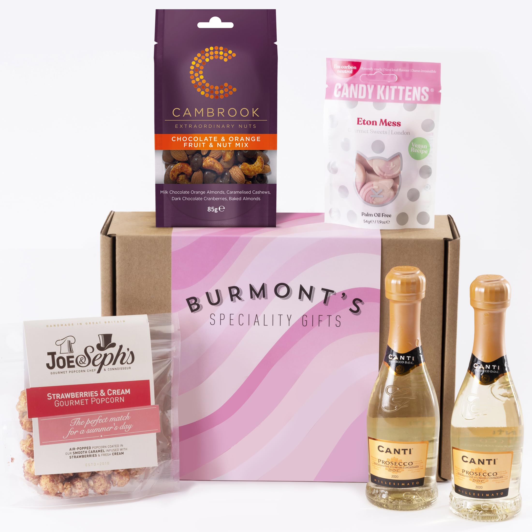 The Prosecco and Treats Hamper For Her - Two Small Prosecco, Truffles, Hazelnut Chocolates, Joe & Seph's Popcorn & Candy Kittens - Hamper Exclusive To Burmont's