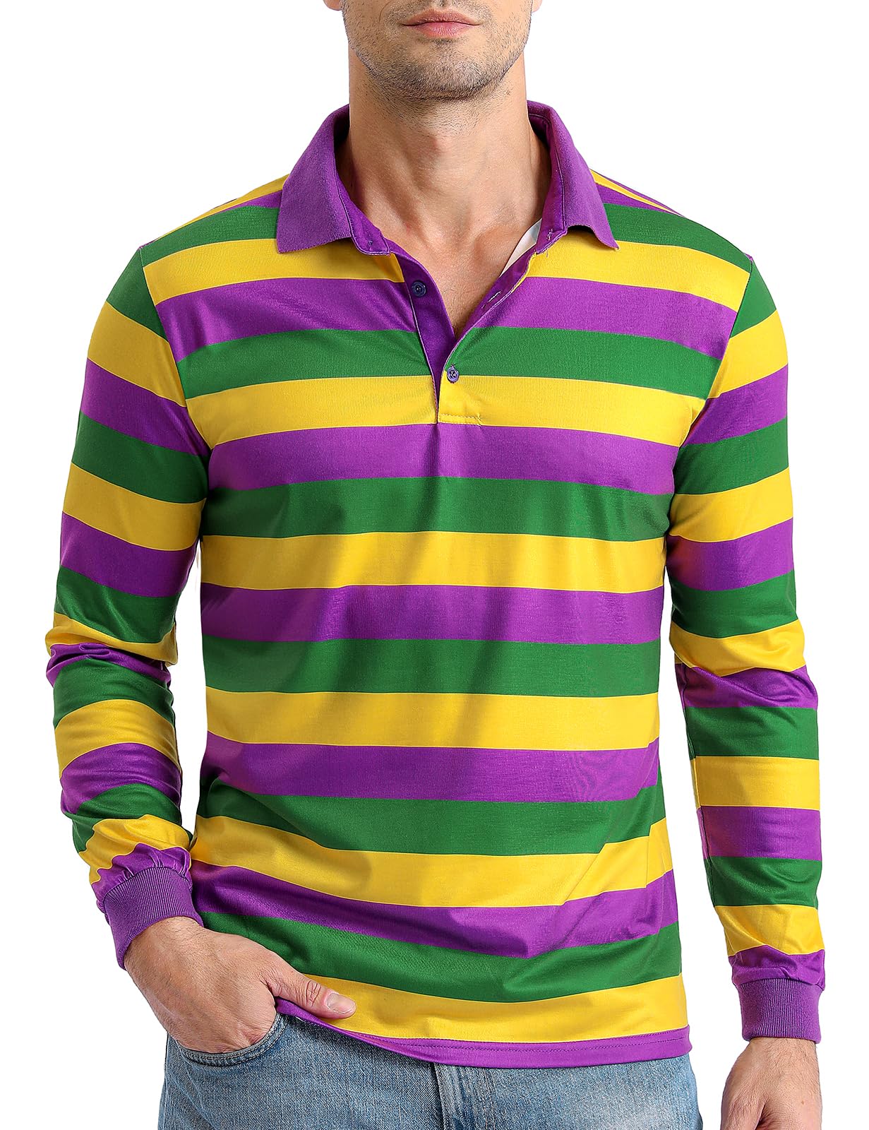 Men's Mardi Gras Striped Polo Shirt Purple Gold Green Rugby Long Sleeve Golf Top, Thin Stripes, XX-Large