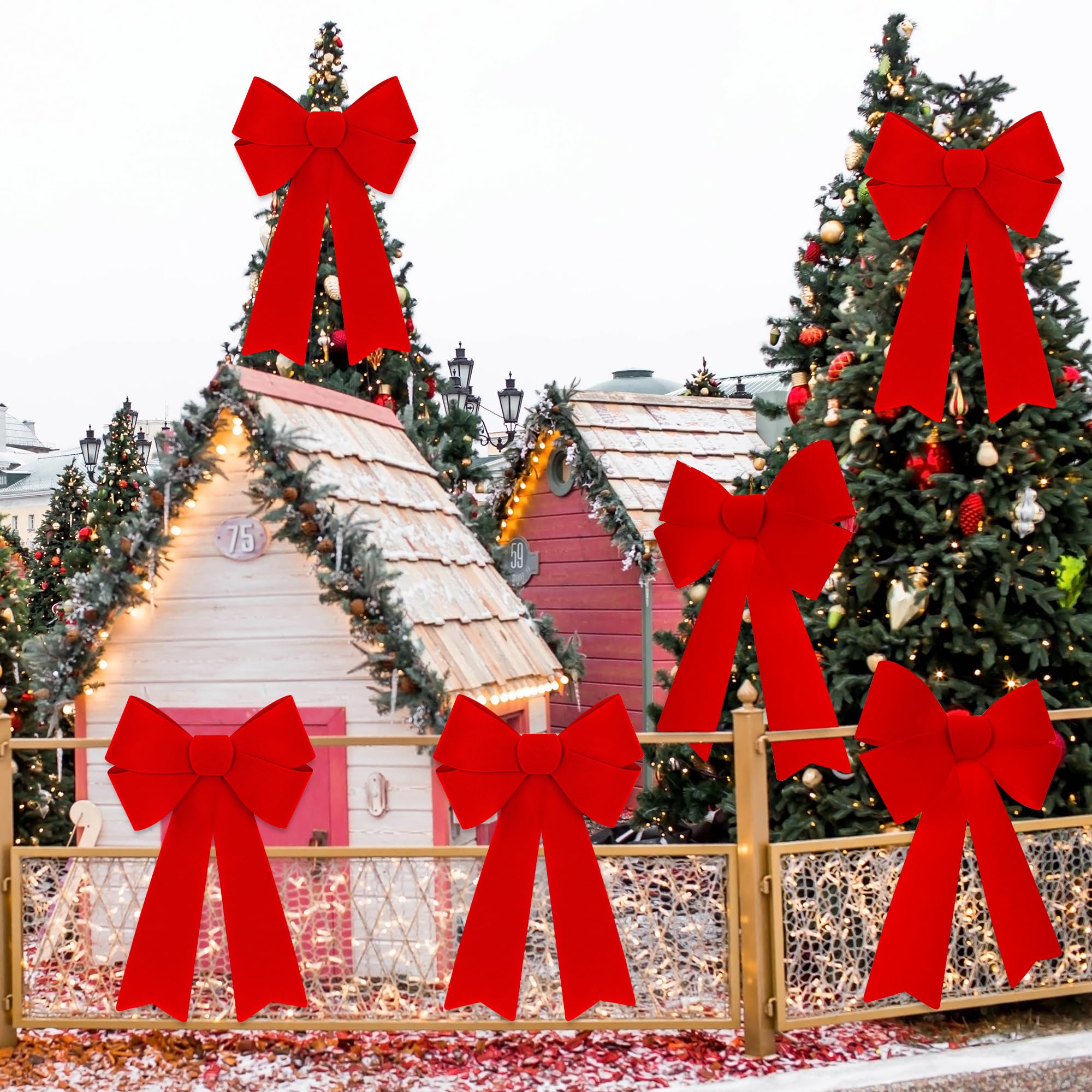 8 piezas de decoraciones de Navidad, lazos rojos de Navidad de 12 x 18 pulgadas, lazos de Navidad grandes de PVC de terciopelo rojo para colgar en exteriores, interiores, decoración de fiesta para