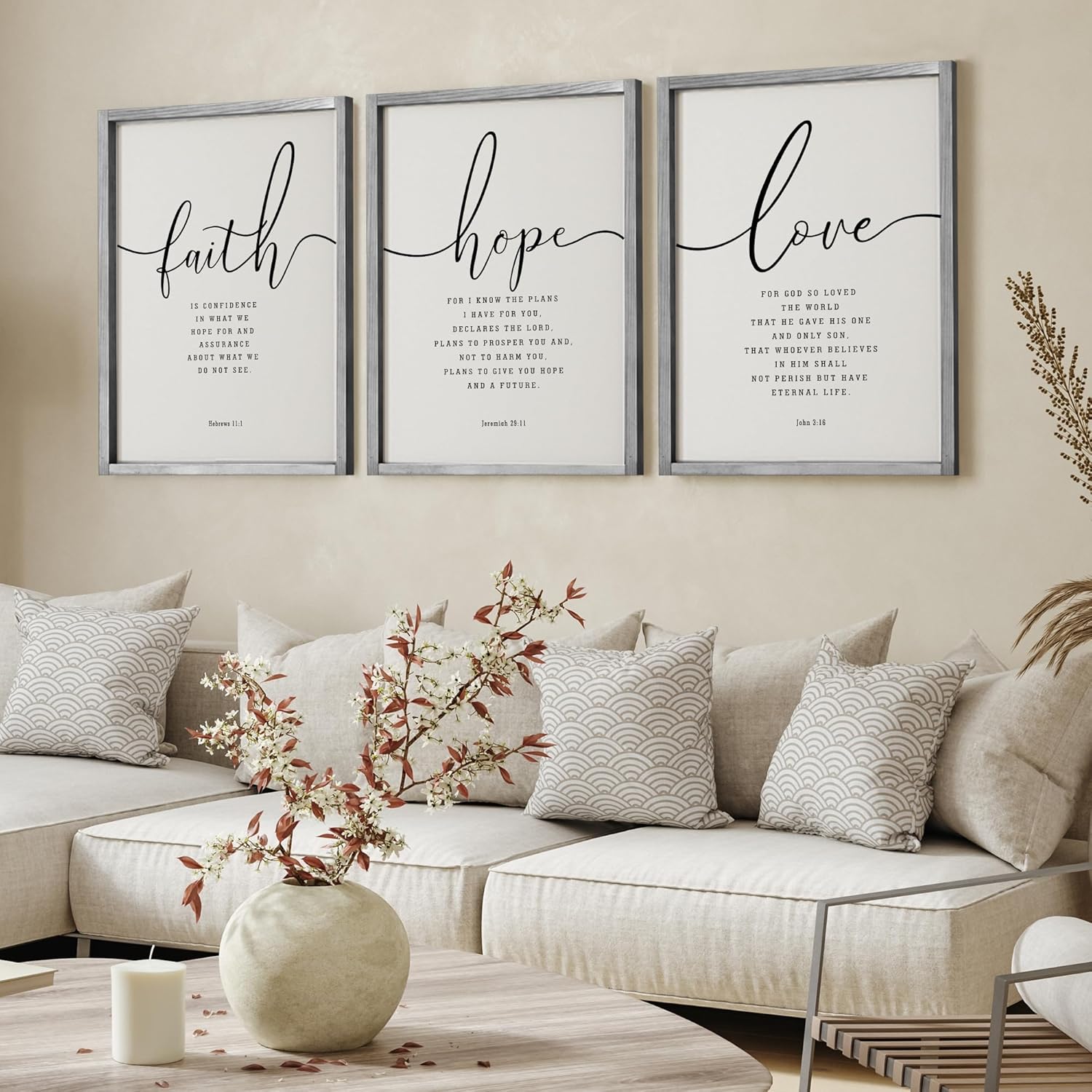 Houmury Set of 3 Framed Farmhouse Bible Verses Wall Decor Sign 11”x14” Christian Faith Scripture Wall Art for Home Living Room Bedroom Wall Decor (11"x14" Grey)