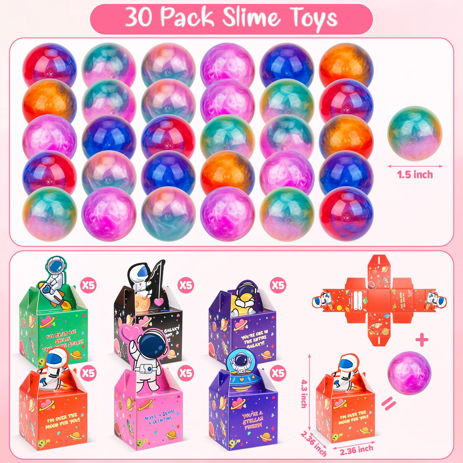 30 Pack Valentines Day Gifts for Kids, Valentines Galaxy Slime with Valentines Day Cards Space Gift Boxes, Valentine Classroom Favors Valentines Cards for Boys Girls Class Exchange Prizes