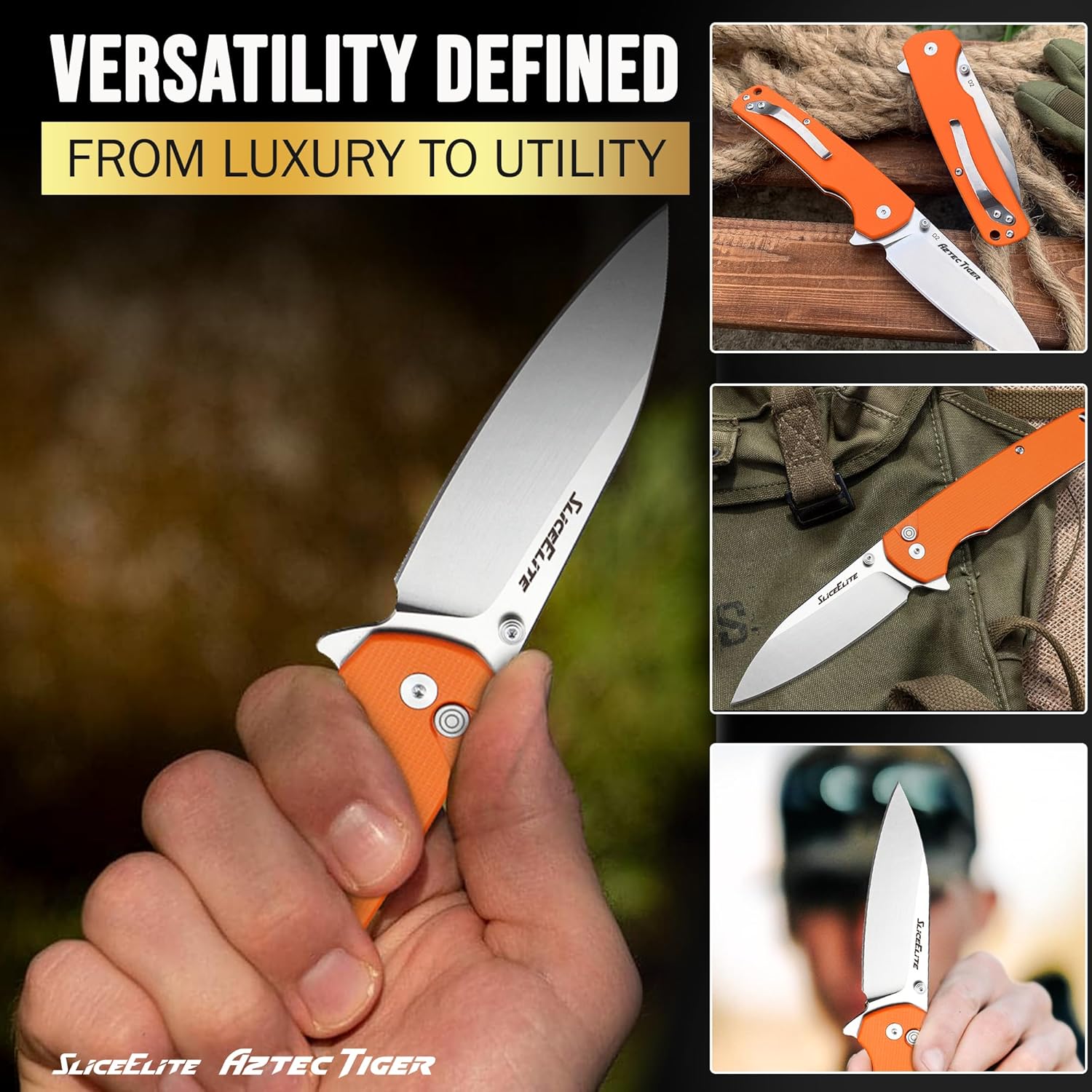 SliceElite 3.6-Inch Aztec Tiger Folding Knife | Pocket Knife with Orange G10 Composite Handle, D2 Steel Drop Point Blade & Stainless Steel Pocket Clip | EDC Gear Knife with Button Lock for Outdoor Use