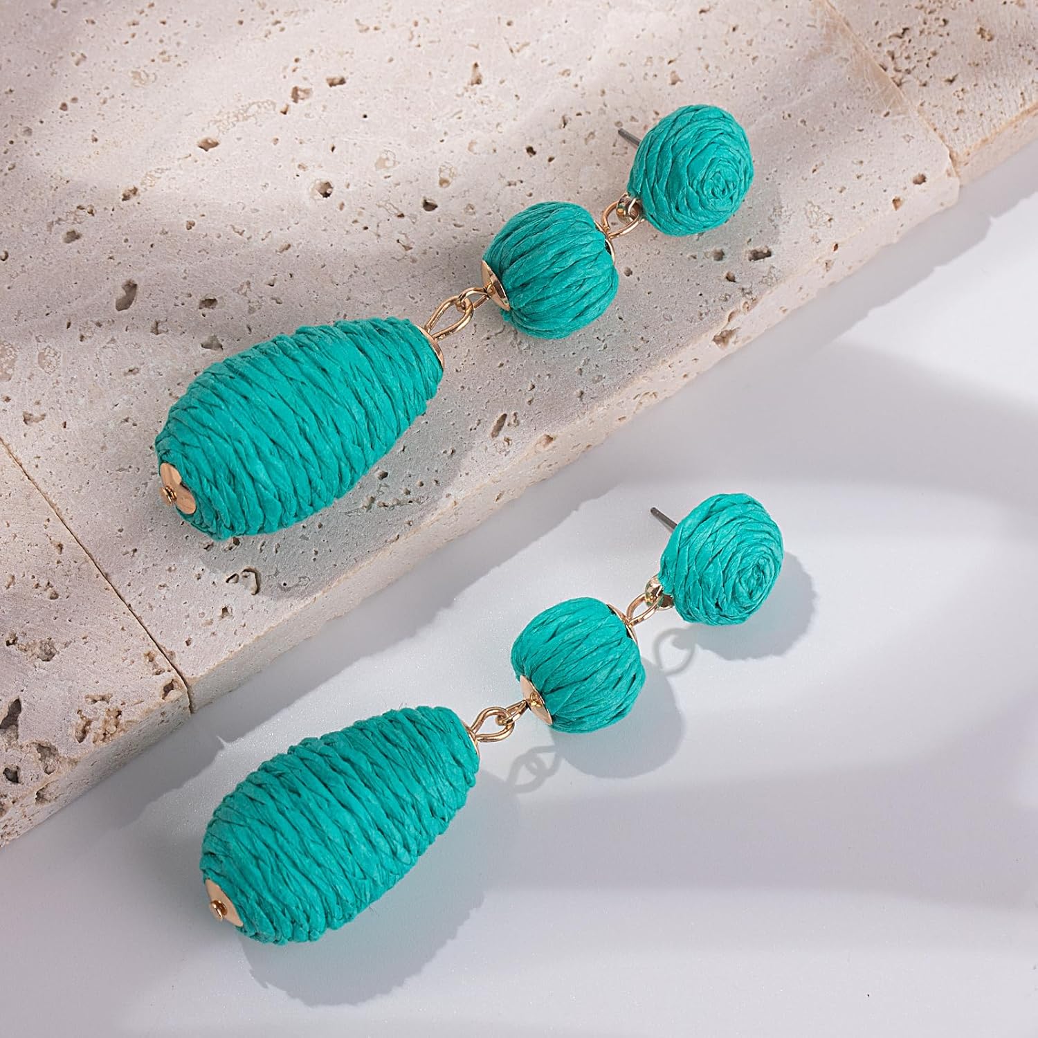 Boho Raffia Earrings Statement Dangle Earrings Cute Teardrop Ball Earrings Colorful Summer Jewelry Handmade Rattan Earrings for Women - Image 3