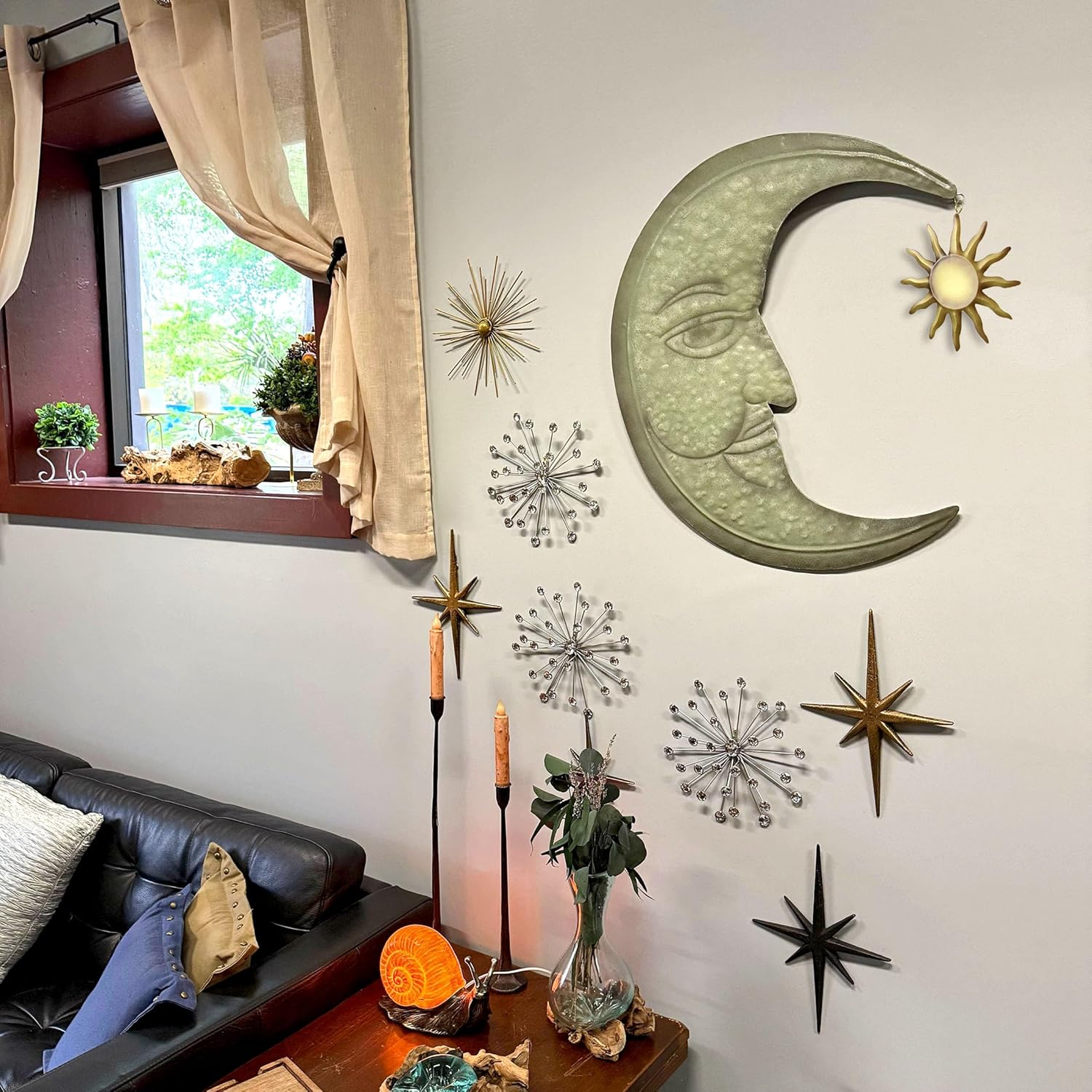 Zeckos Verdigris Green Crescent Moon Wall Décor with Bronze Sun Dangler Accent - 25 Inches High - Enchanting Celestial Harmony - Indoor/Outdoor Metal Art Sculpture