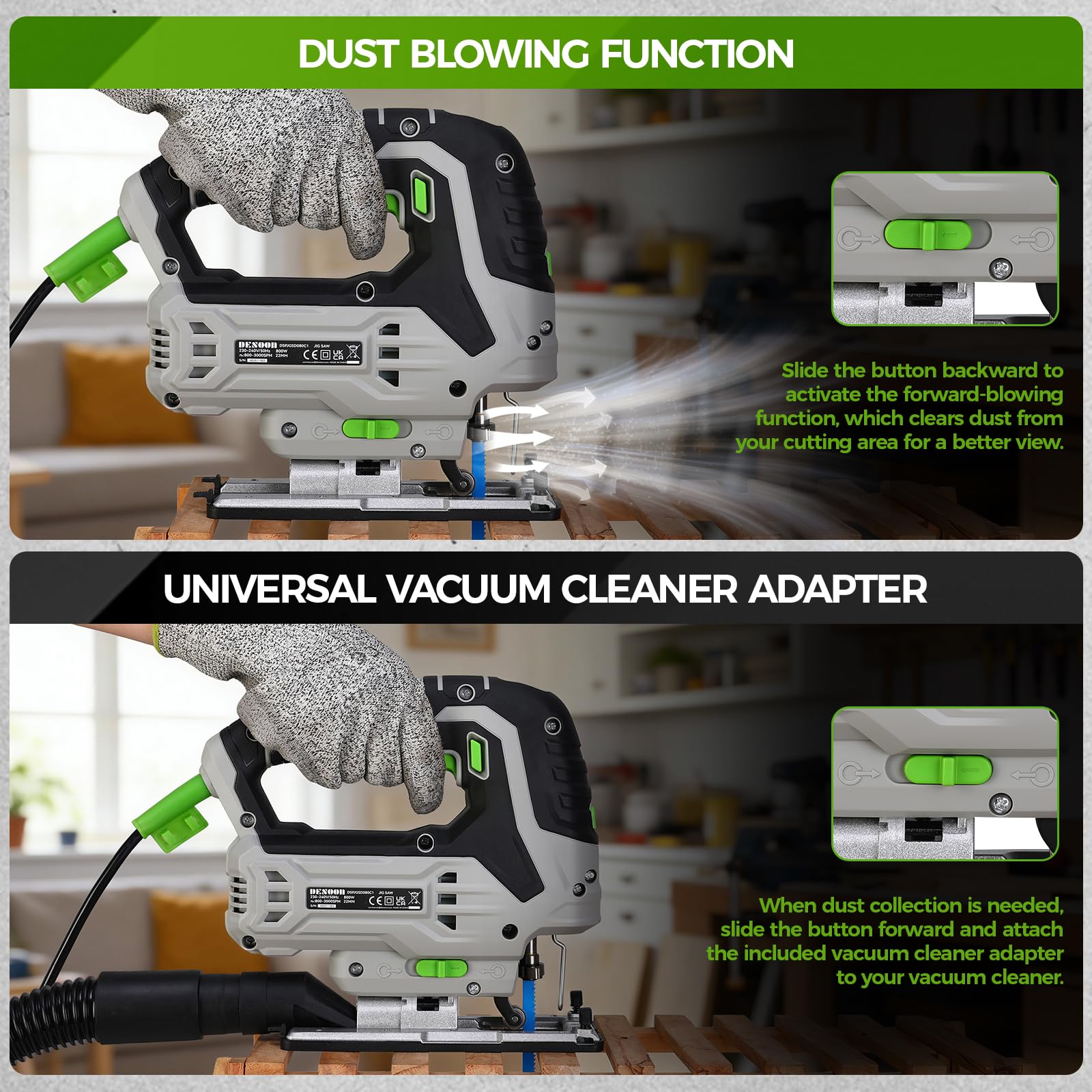 DESOON Sega alternativa da 800 W, Sega per legno con luce LED e laser, velocità variabile da 800 a 3000 SPM, taglio inclinabile ±45°, include 10 lame per sega per tagliare metallo, legno e plastica