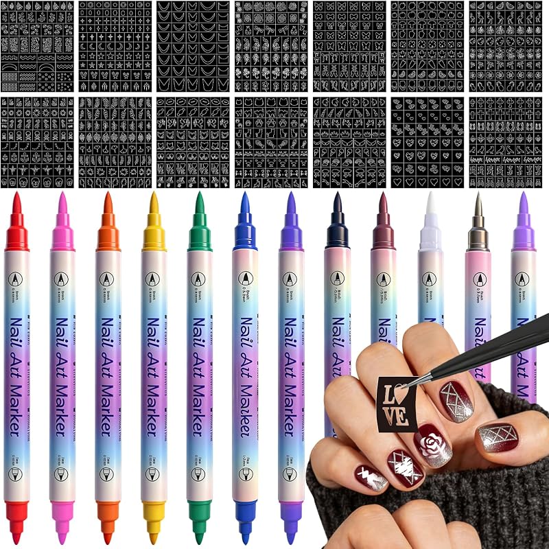 Nail Art Stencils Pens Set, 12 Nail Art Pens Markers + 14 Sheets Nail Stencils Heart Lips Flowers Nail Stickers for Women Girl, Nail Polish Pens for Nail Art Dotting Pen, DIY Nails Art Design Tools