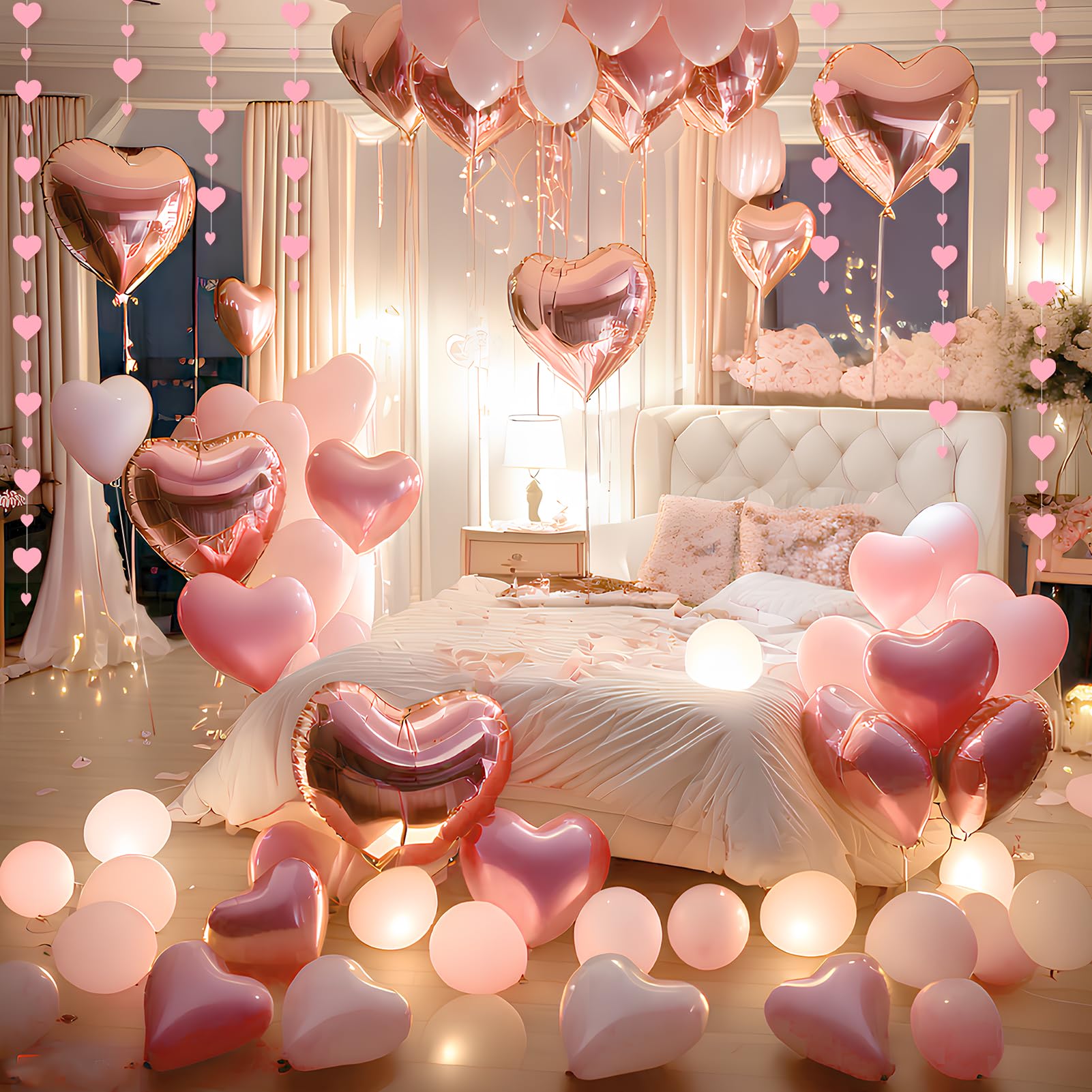Tacobear Decoracion San Valentin Globos de Corazón Pétalos de Rosa Colgante de Corazón Bandera de Amor Kit Romántico de Globos para Boda Compromiso Cumpleaños Fiesta (Rosa)