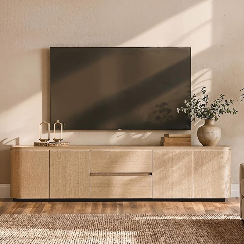 Homsee 86.6" TV Stand with Curvy Corners, Wood Grain