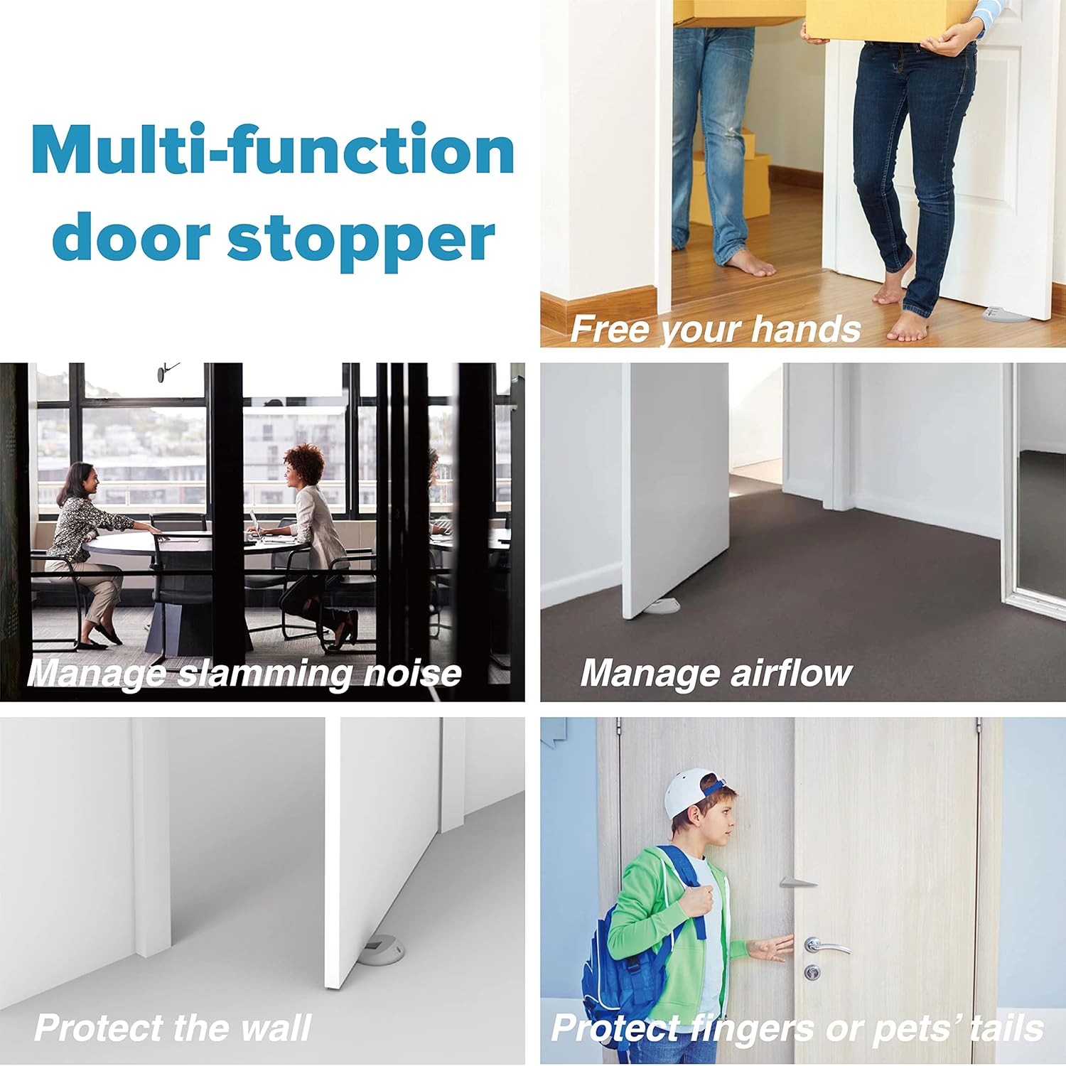 Neobay Door Stoppers and Door Pinch Guard 2 Function in 1, Sturdy Stack Up and Easy Store Design, Multi-Function Door Stoppers for Bottom/Side/Top of The Door, 4 Packs, Gray
