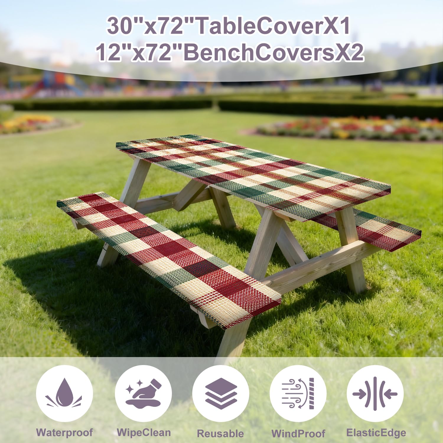 Nappe Table Pique Nique 6FT Carreaux Rouge Vert Lot de 3, Housse Imperméable Extérieur 72"x30" avec Housses Banc