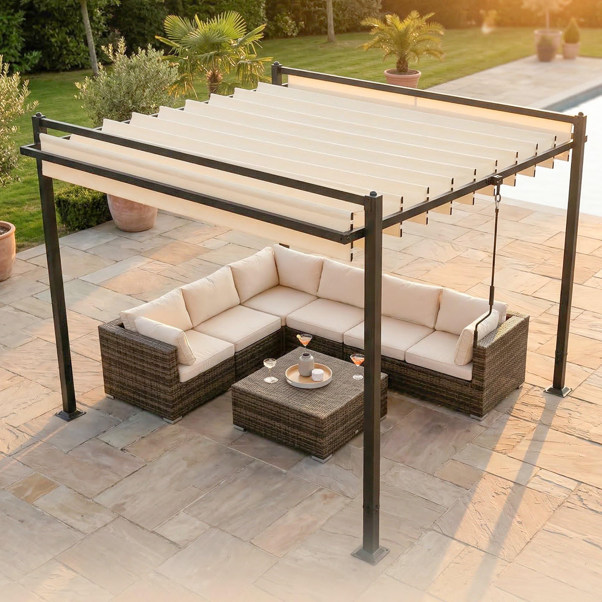 Outsunny Pérgola de Jardín 3x3,8 m, Cenador de Jardín con Techo de Lamas Ajustable a 90°, Manivela, Estructura de Aluminio y Acero, Protección UPF50+, Pabellón para Exterior, Patio, Terraza, Beige