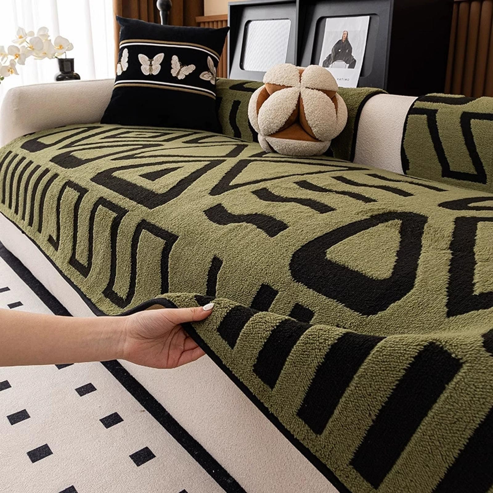 Housse de canapé à chevrons et couvre-coussin antidérapant en peluche pour salon