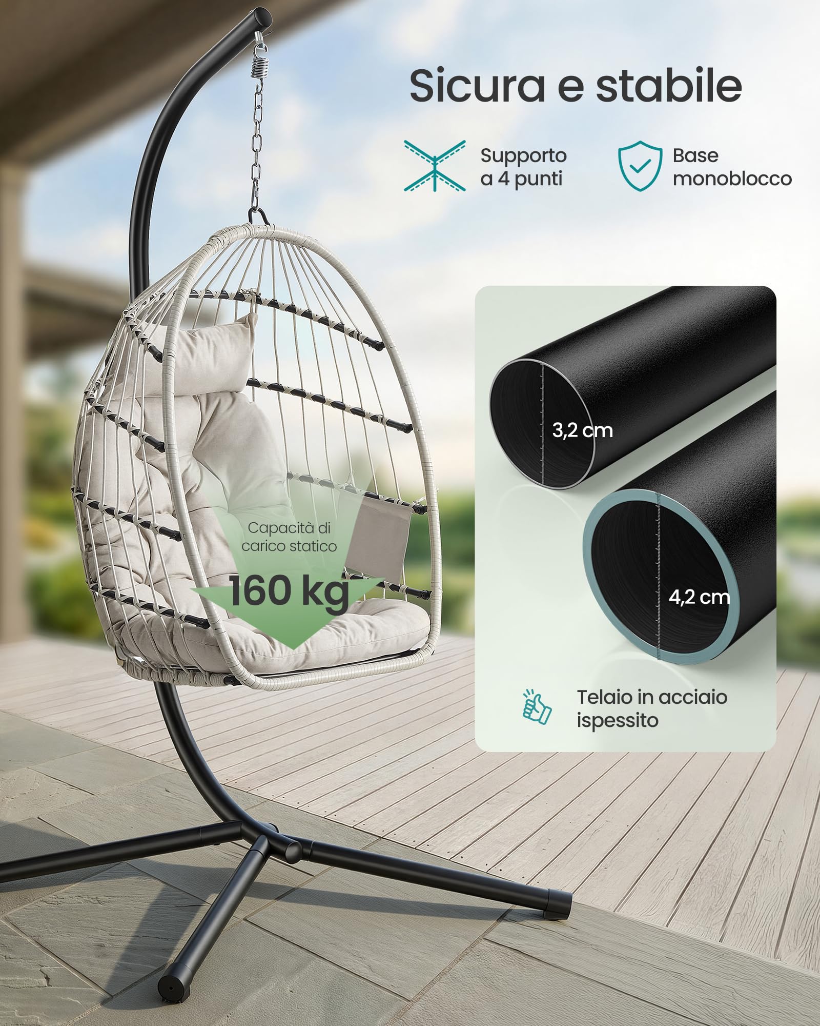 SONGMICS Sedia Sospesa da Esterno, Cestello Pieghevole, Poltrona a Uovo, Altezza Regolabile, Tasca Portaoggetti, Seduta Imbottita, per Soggiorno, Giardino e Balcone, Bianco GDC050WZ01