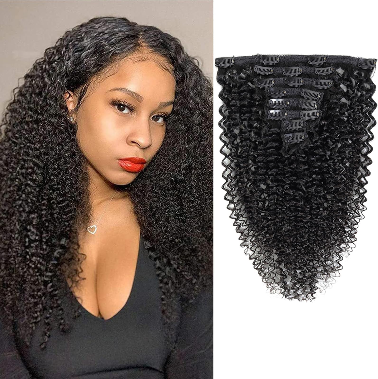 18inch 8 Pcs 135g Clip in Natural Curly Brazilian Hair Extensions Kinky Curly Wave Clip In Hair Extensions for Black Women Full Head Wavy 3c 4a Double Weft with 18 Clips (18", Curly)