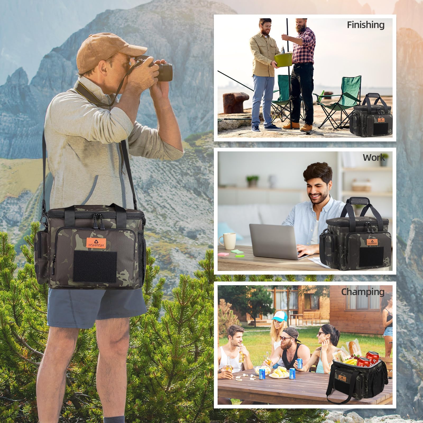 HSHRISH Borsa Termica Porta Pranzo, Borse Frigo a Tracolla per Picnic Isolate Tattiche All'aperto per Uomo Donna, impermeabile e durevole, ufficio, picnic all'aperto 12 L, Nero mimetico