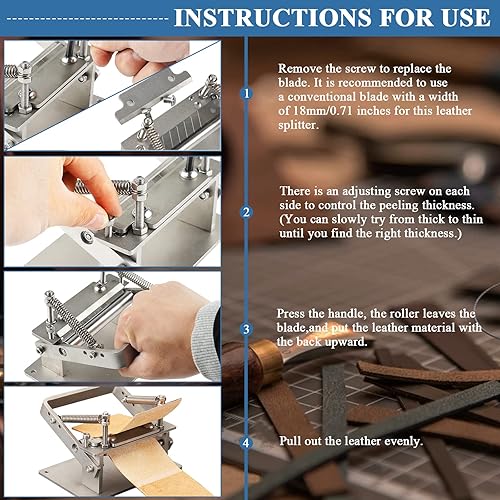 Miniatura 6 de Máquina manual de cuero para esquivar, tira de cinturón, herramienta de pelado de adelgazamiento con 10 cuchillas de repuesto, herramientas de
