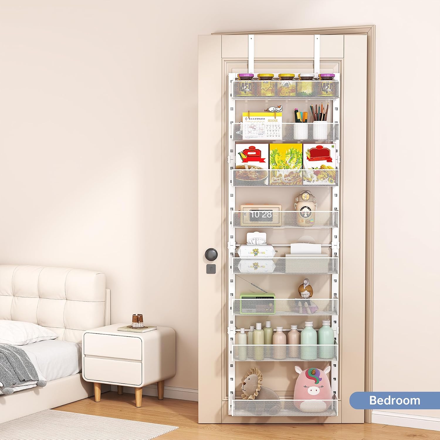 Over the Door Pantry Organizer, Anti-Swing 2 in 1 Wall Mount & Hanging Adjustable Pantry Organizers and Storage with Dense Mesh Baskets for Kitchen and Bathroom, Bedroom, Laundry Room (White,8-Tier)