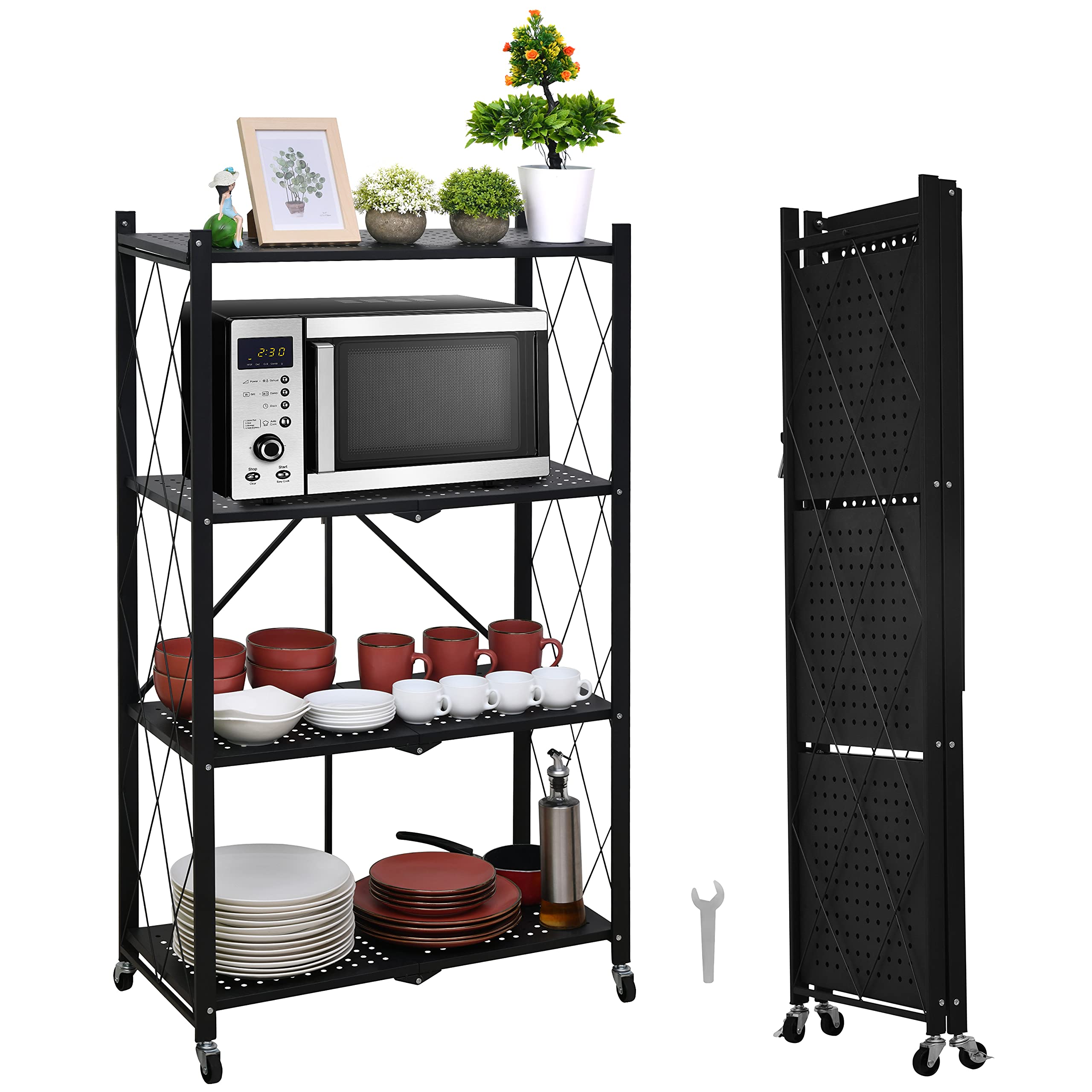 Casacrest Metal Rack for Storage - 4 Tier Space Saving Stand with Caster Wheels & Spanner - Heavy Duty Microwave Oven Utility Stand - Multifunctional Movable Kitchen Trolley (L 71 x W 33.5 x H 124 cm) (B09B2F6GND) Amazon Price History, Amazon Price Tracker