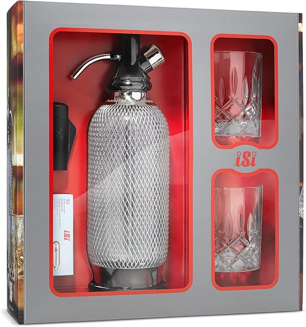 iSi Soda Maker Classic Gift Set Including 2 x Glasses and 10 Soda Capsules Soda Siphon Water Carbonator 1.0 L Stainless Steel Bar Accessories for Sparkling Water