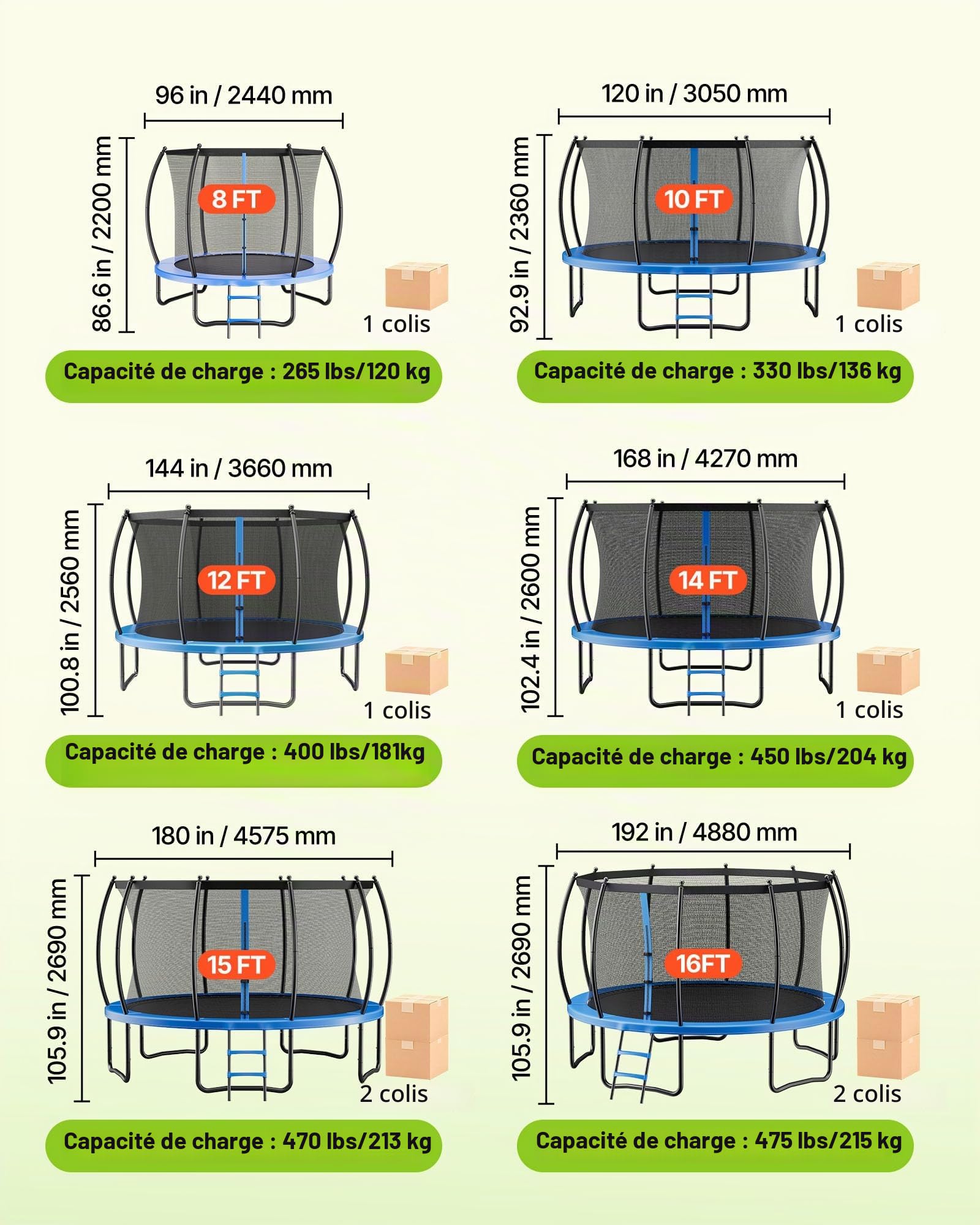 VEVOR Trampoline d'extérieur, 244 x 244 cm, Trampoline de Loisirs antirouille avec Filet de sécurité et Coussin épais, certifié ASTM, capacité de Charge maximale de 120 kg, pour Enfants et Adultes