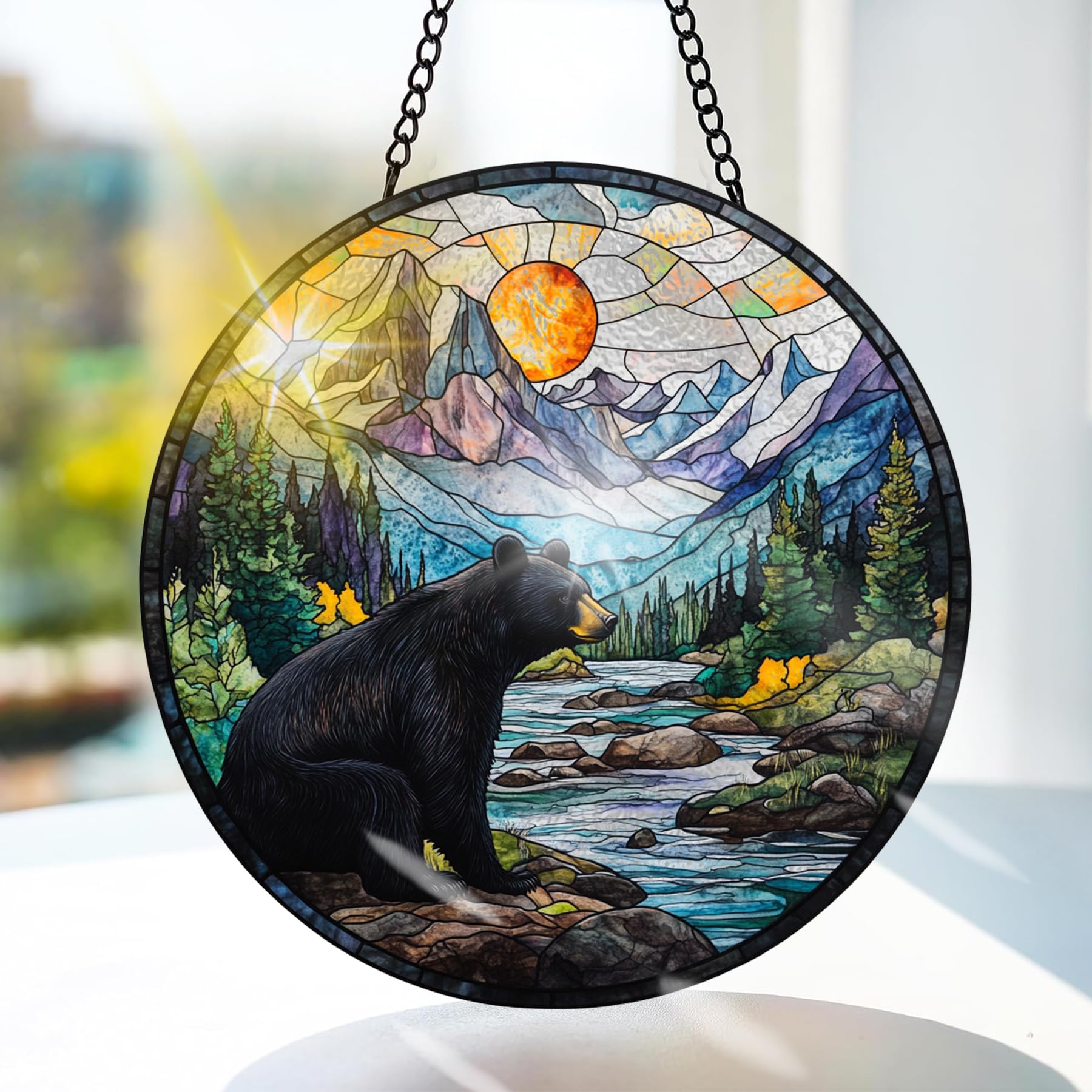 Bimkole Bear Stained Glass Suncatcher Window Hanging - Animal Tree Indoor Window or Doorway Decoration - Handmade Sun Catcher Decor for Garden Home Christmas & Birthday Gifts 7.87x7.87 inch โ image 1