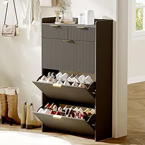 GarveeHome Wave Design Shoe Cabinet with 3 Slip Drawers, 2 Drawers, Raised Edges, Fluted Shoe Cabinet, Slim Hidden Shoe Organizer, Wooden Shoe Storage for Entryway, Front Door, Living Room, Black