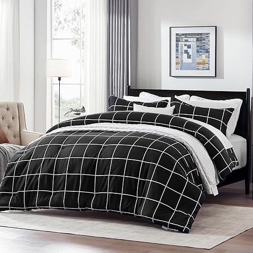 SLEEP ZONE Cubrecolchón refrescante Plus Hotel Collection Almohadas de cama (juego de 2) y juegos de edredón de rejilla negra, tamaño Queen