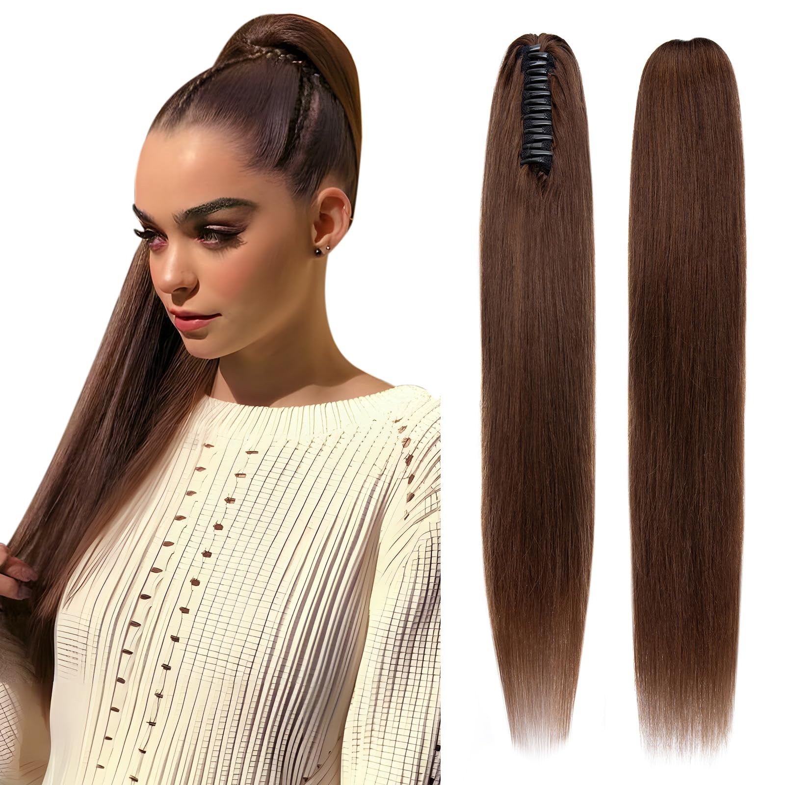 Elailite Claw Clip Ponytail Extension Real Human Hair #4 Medium Brown Natural HairPiece Straight - 14 Inch