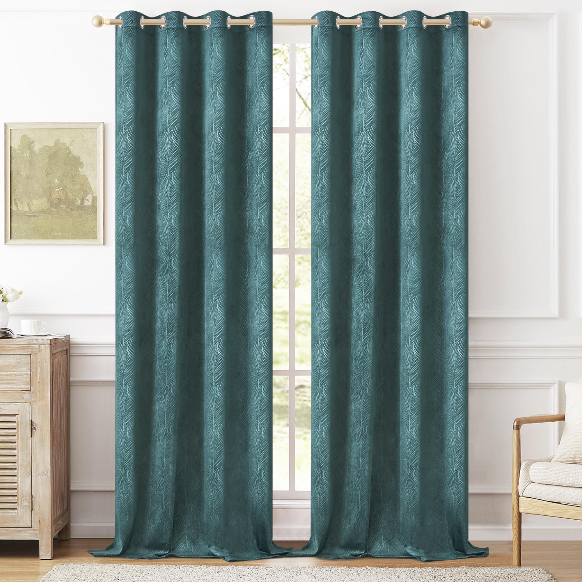 WOLTU Cortina de Terciopelo Estampada, Cortinas Opacas con Ojales, Cortinas Termicas Aislantes Frio y Calor, Cortinas Modernas para Salón y Dormitorio, 135x260 cm, Verde Oscuro (2 Piezas)