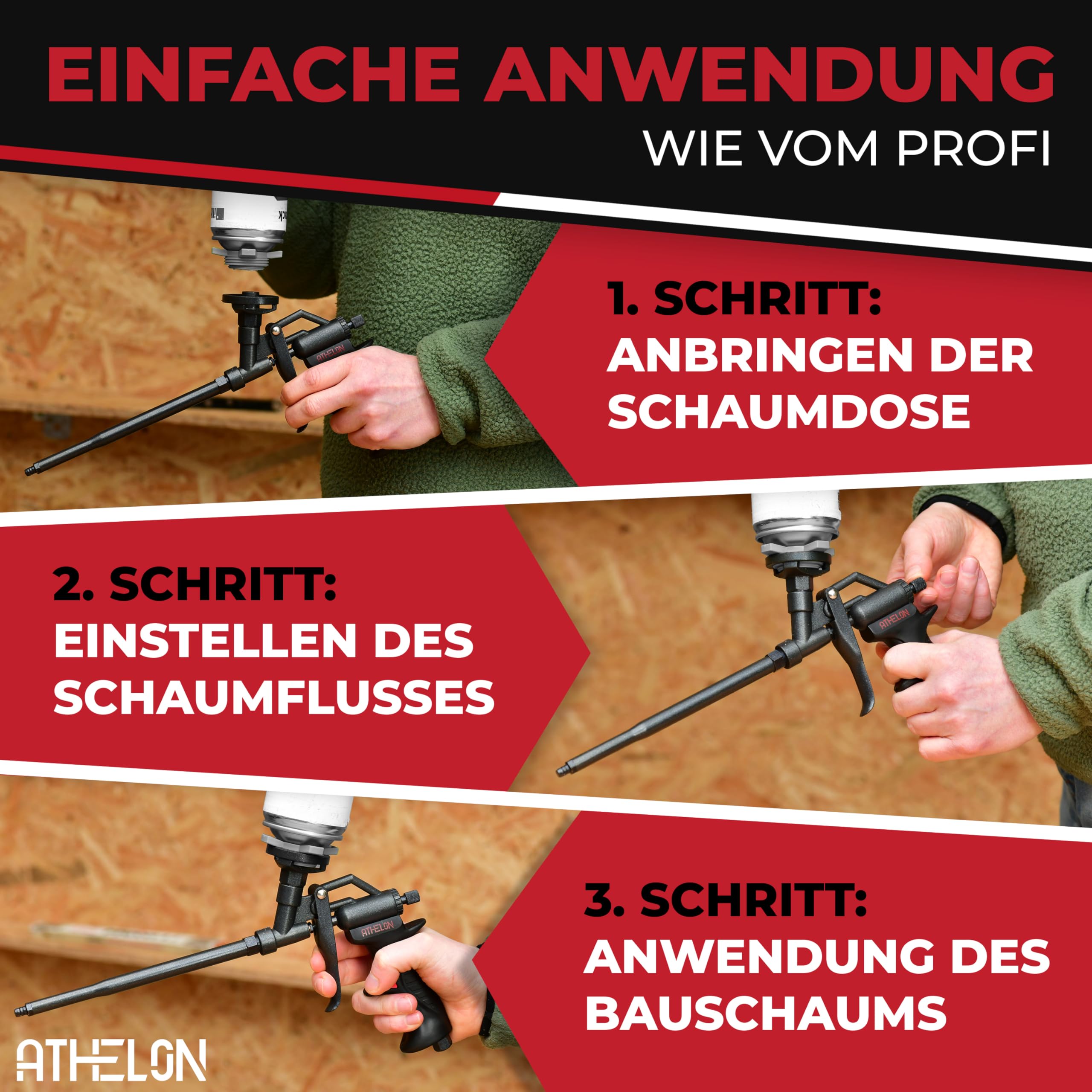 ATHELON® Pistola in schiuma PU – Pistola ergonomica in schiuma con rivestimento in teflon, valvola di dosaggio fine e inserti per un'applicazione precisa e semplice di schiuma di costruzione e schiuma