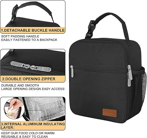 Miniatura 3 de Deosk Lonchera reutilizable pequeña para hombres y mujeres, lonchera portátil aislada para adultos, adecuada para escuela, trabajo, picnic (negro)