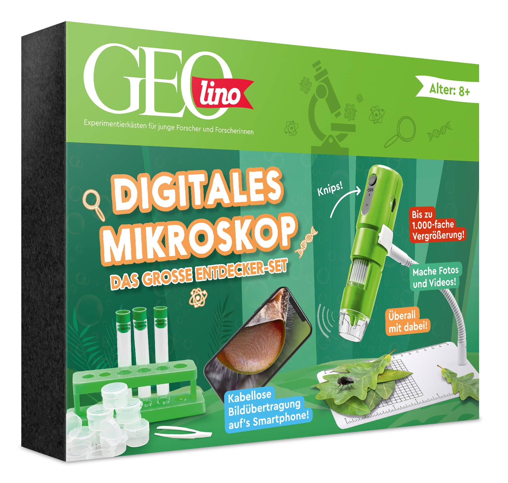 FRANZIS 67184 - GEOLINO Digitales Mikroskop, das große Entdecker-Set mit Experimentierideen für drinnen und draußen für Kinder ab 8 Jahren, inkl. 96-seitigem Begleitbuch