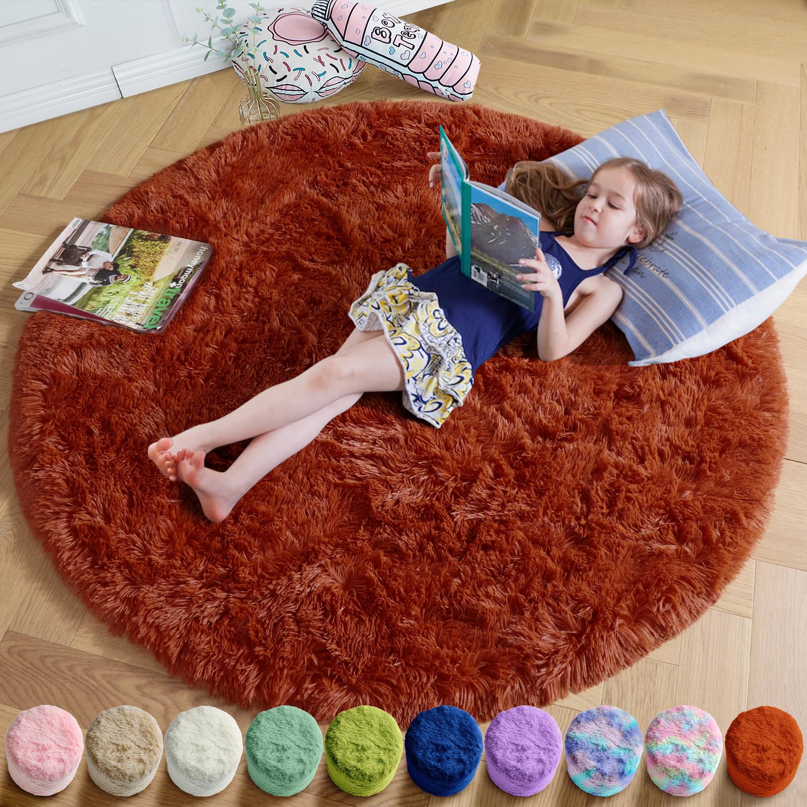 Amdrebio Terracotta Fluffy Round Area Rug 5Ft for Kids Bedroom Living Room — image 1