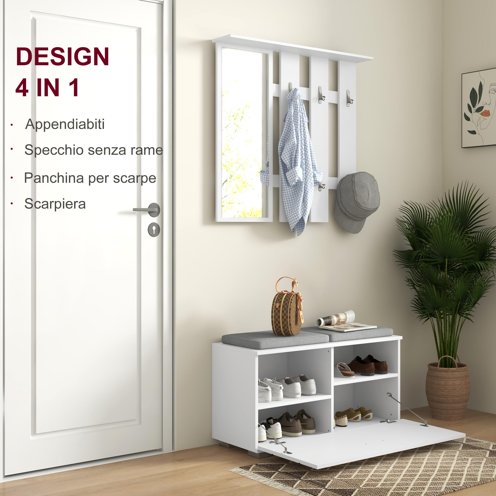 HOMCOM Set 4 in 1 Mobili da Ingresso con Appendiabiti, Specchio, Panca con Cuscini e Scarpiera per 8 Paia di Scarpe, Bianco