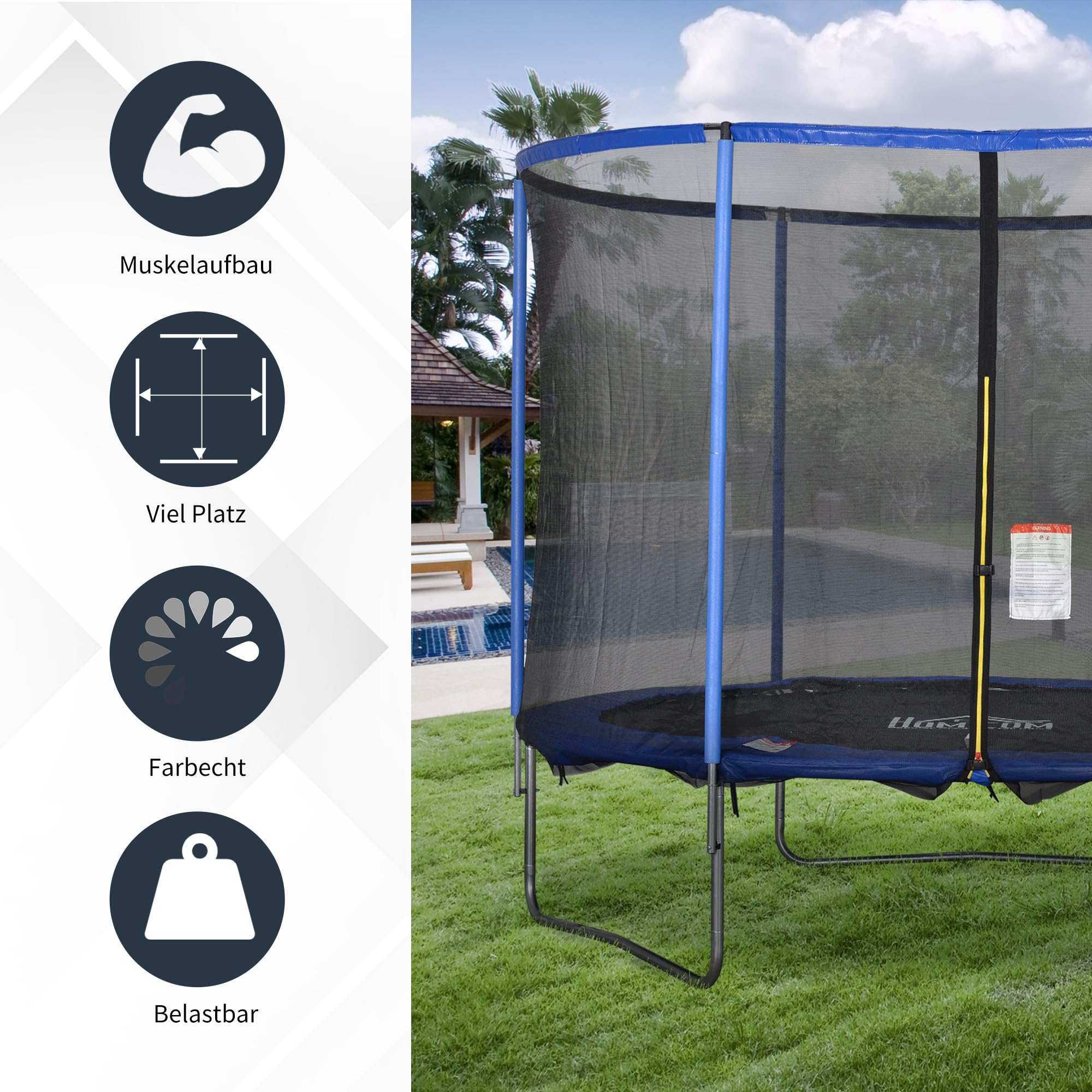 HOMCOM Trampolin mit Sicherheitsnetz Gartentrampolin für Innen- und Außenbereich Fitnesstrampolin für Jugendliche und Erwachsene Stahl Blau+Schwarz