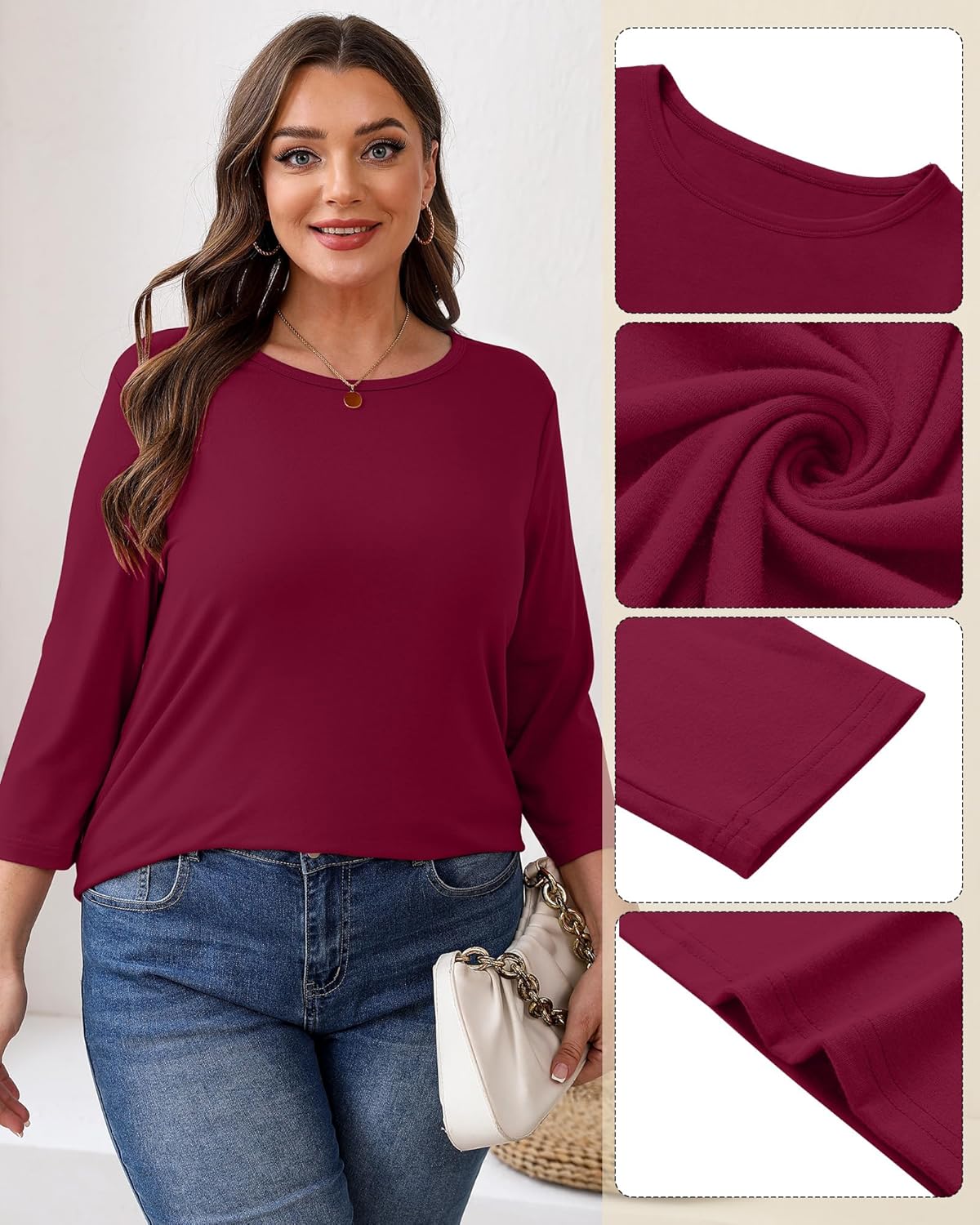 4 Pack Plus Size 3/4 Length Sleeve Women's Tops Crew Neck Basic T Shirts Loose Fit Solid Tee