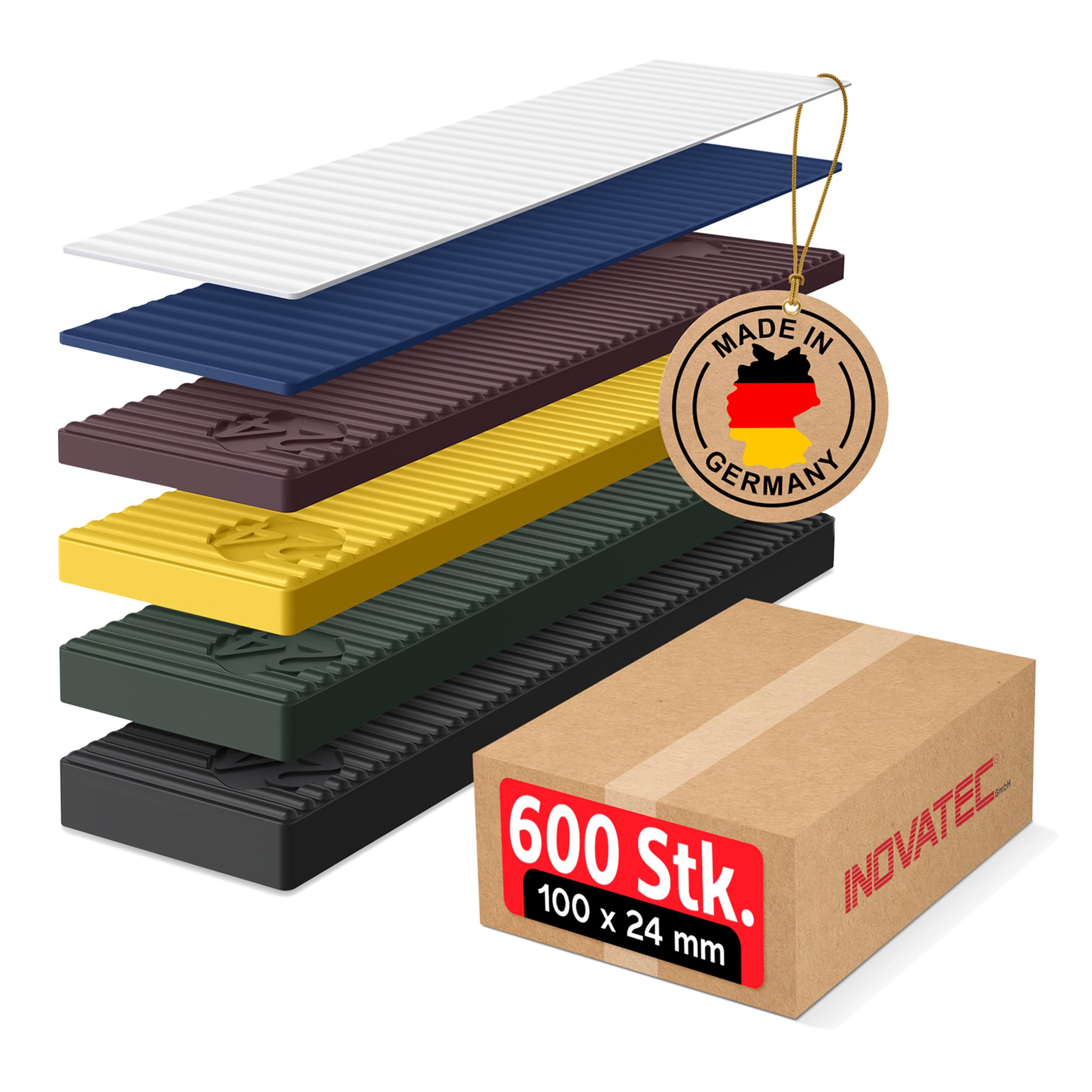 600 x INOVATEC Kunststoff Verglasungsklötze Set Glasklötze Unterleger 100x24x 1, 2, 3, 4, 5, 6 mm Distanzklötze Trageklötze Abstandshalter