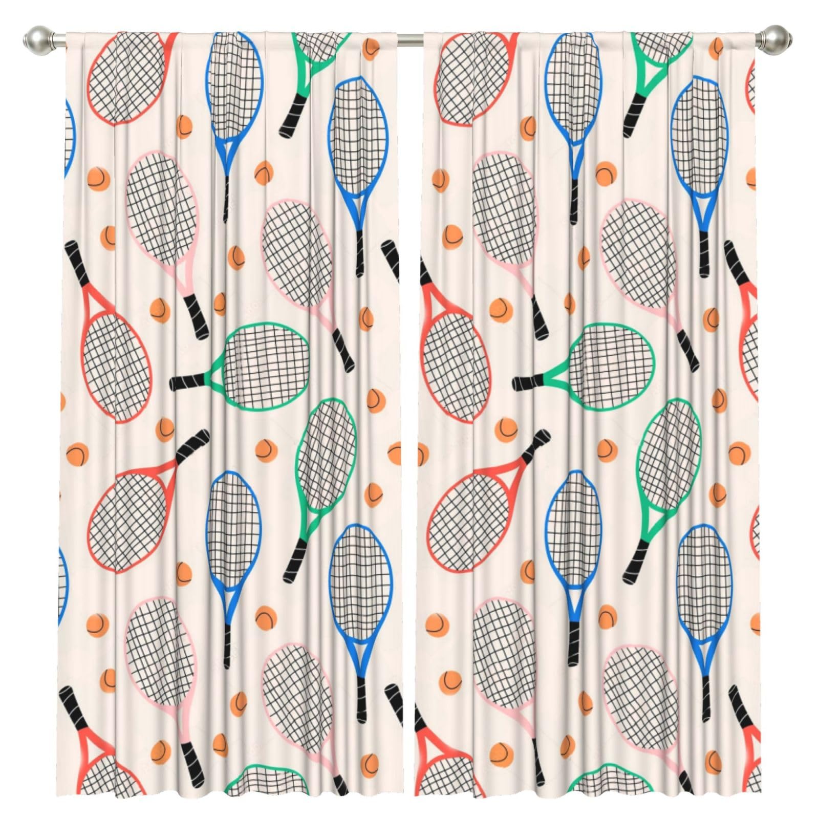InOmak Colorful Tennis Rackets And Balls, 2 Panels Window Curtains 52 x 84 Inch Blackout Curtains for Living Room Bedroom