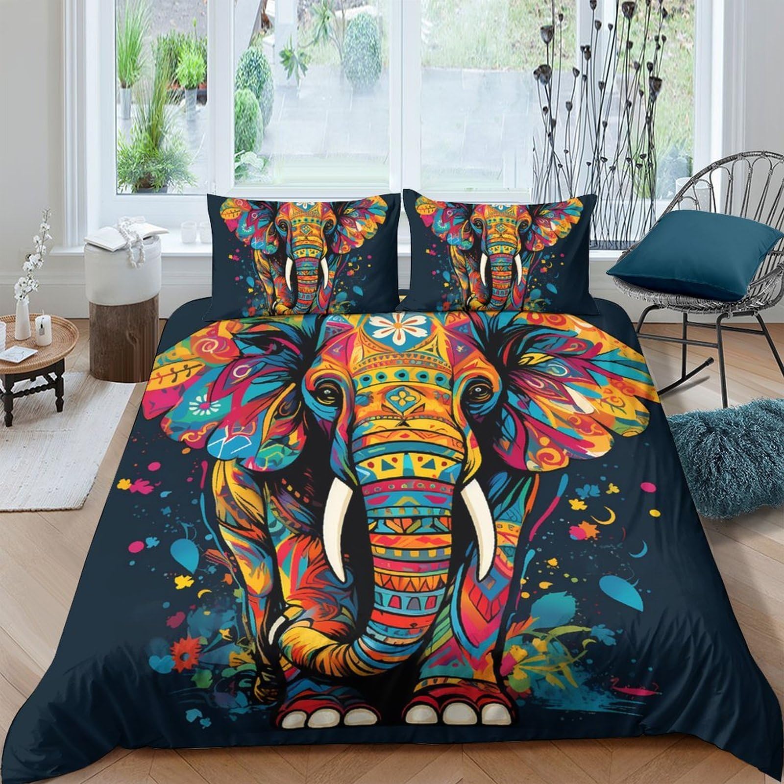 Ctjqhvkz Style-7 3D Printed Colorful Elephant Fitted Sheet Microfiber Vibrant Artistic African Bed Cover Bedroom Decor Protection Single（135X200cm）