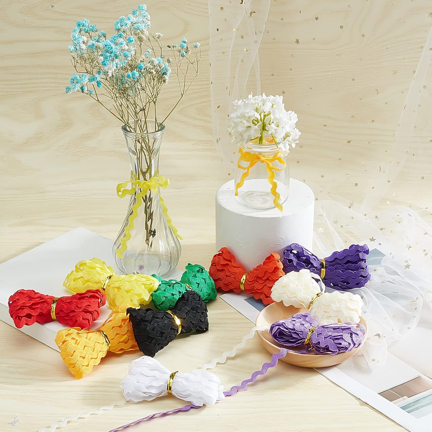 GORGECRAFT 54 Yard/ 50m 10 Colors RIC Rac Wave Bending Fringe Trim Ribbon Rick Rack Wrapping Fabric Ribbon for Clothes Dress Sewing Flower Making Home Party Wedding Decoration Lace Ribbon Craft