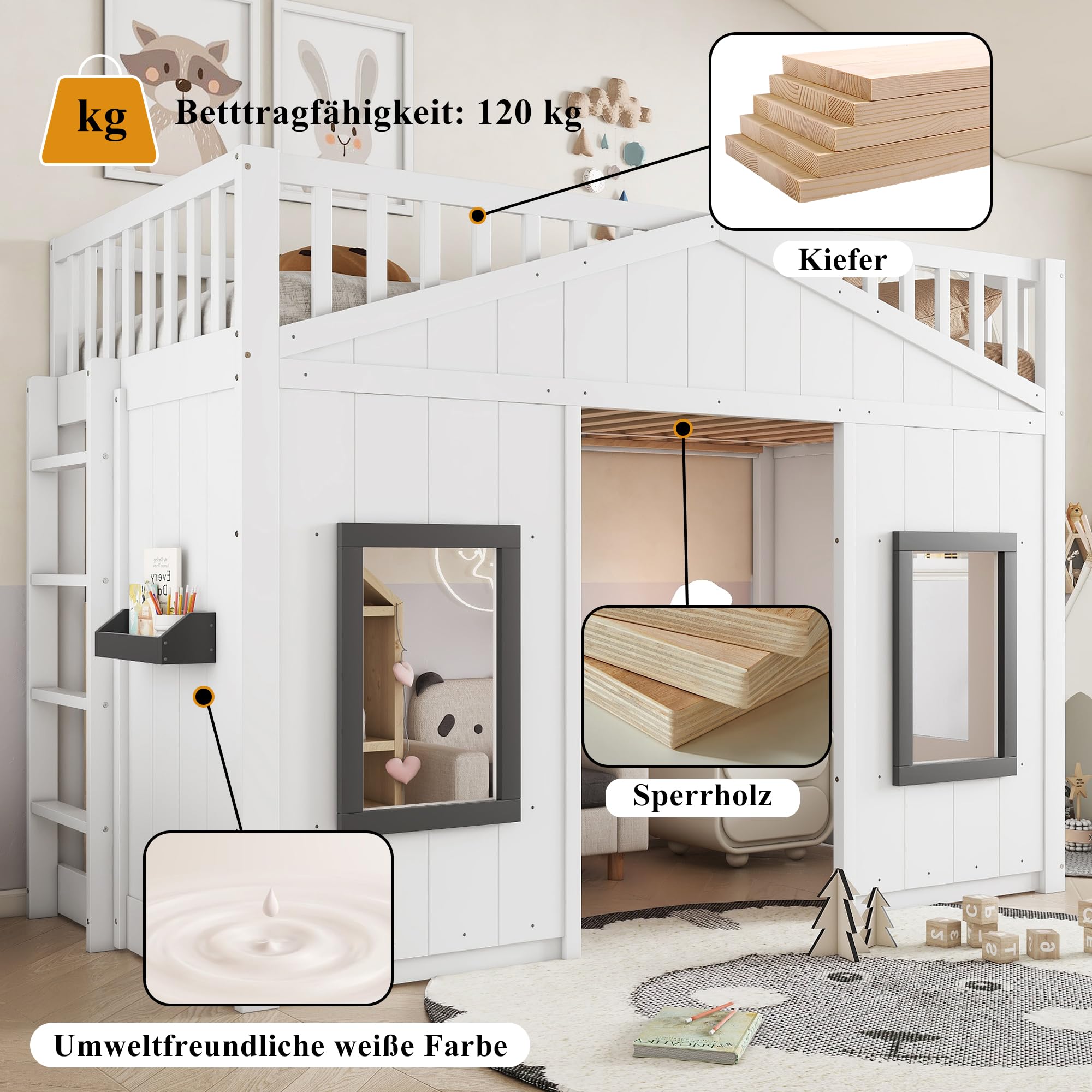 Kinderbett Etagenbett 90x200, Hausbett Hochbett mit Fenster & Regal, Bettgestell mit Rausfallschutz und Lattenrost, Funktionsbett Stockbett Spielbett Jugendhochbett, Kiefernholz, Ohne Matratze, Weiß
